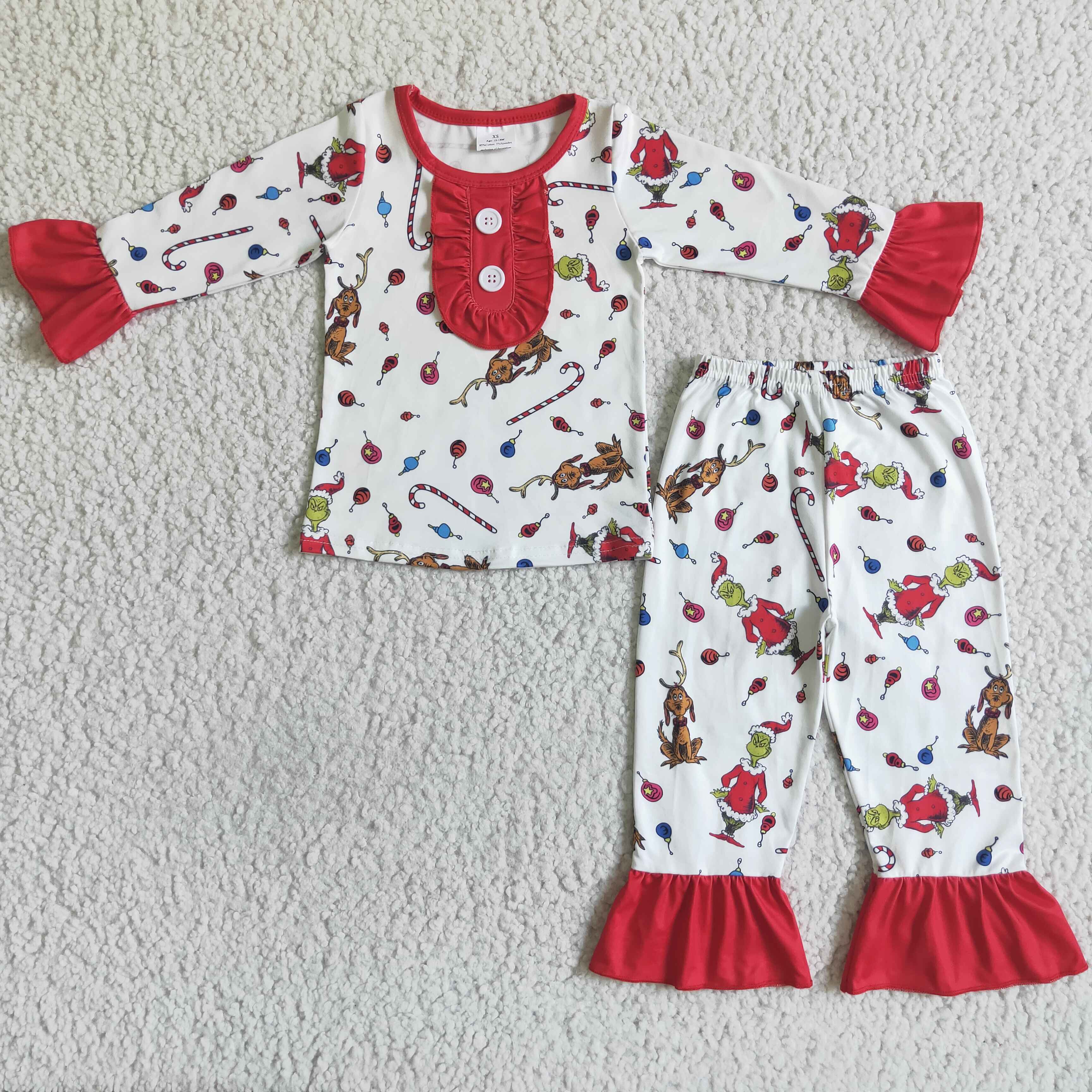 Green face print long sleeve baby girls Christmas pajamas - Image 2