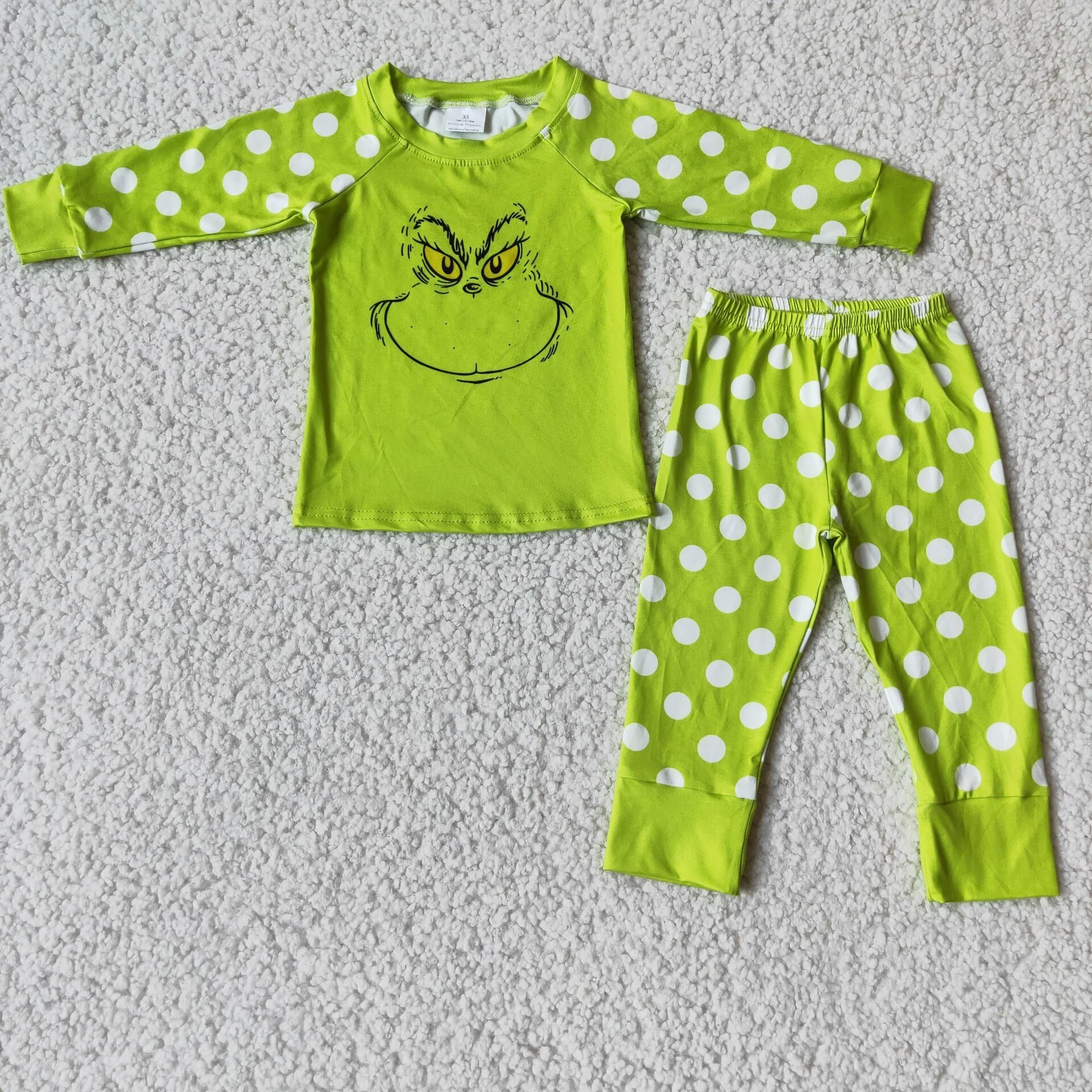 Green face screen print polka dots girls Christmas pajamas - Image 2