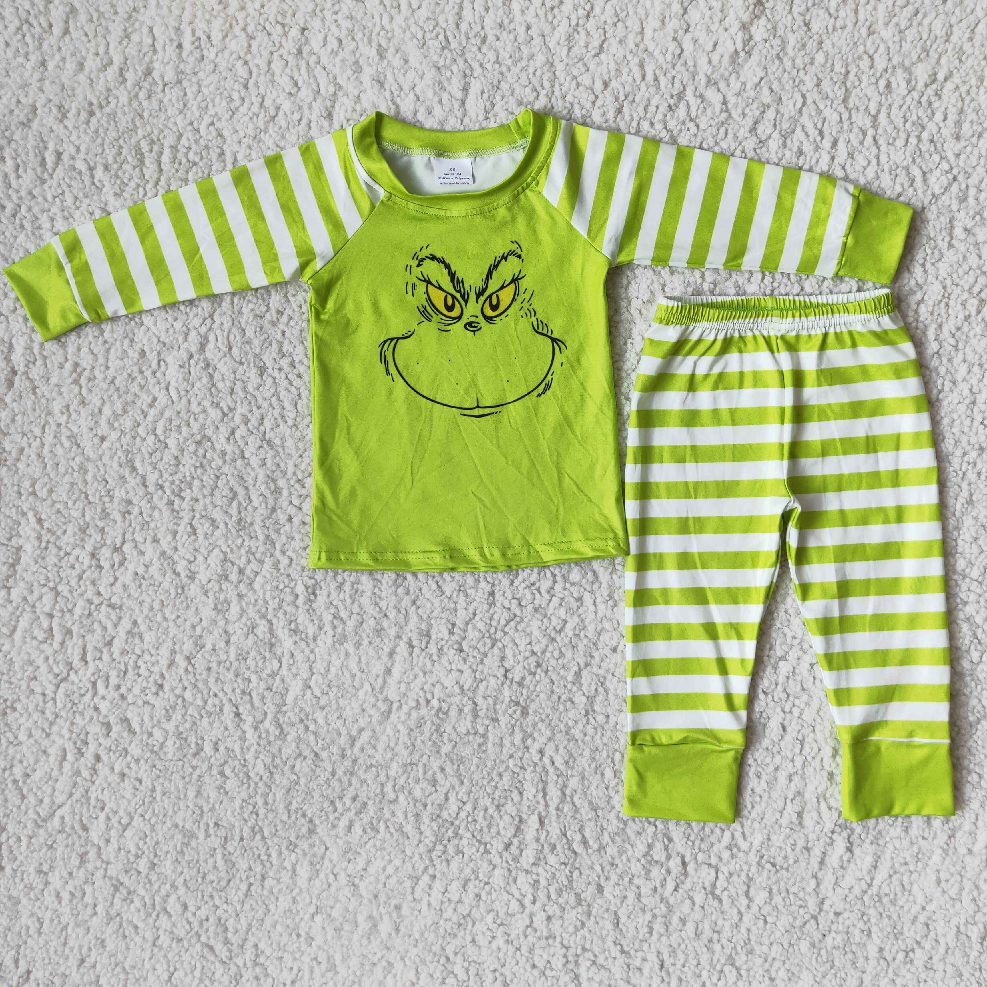Green face screen print shirt stripe boy Christmas pajamas - Image 2