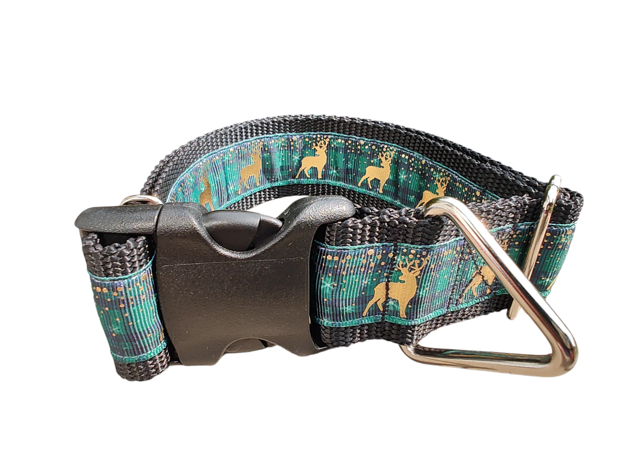 Green Plaid Deer 1.5" Wide Nylon Dog Collar - Image 2