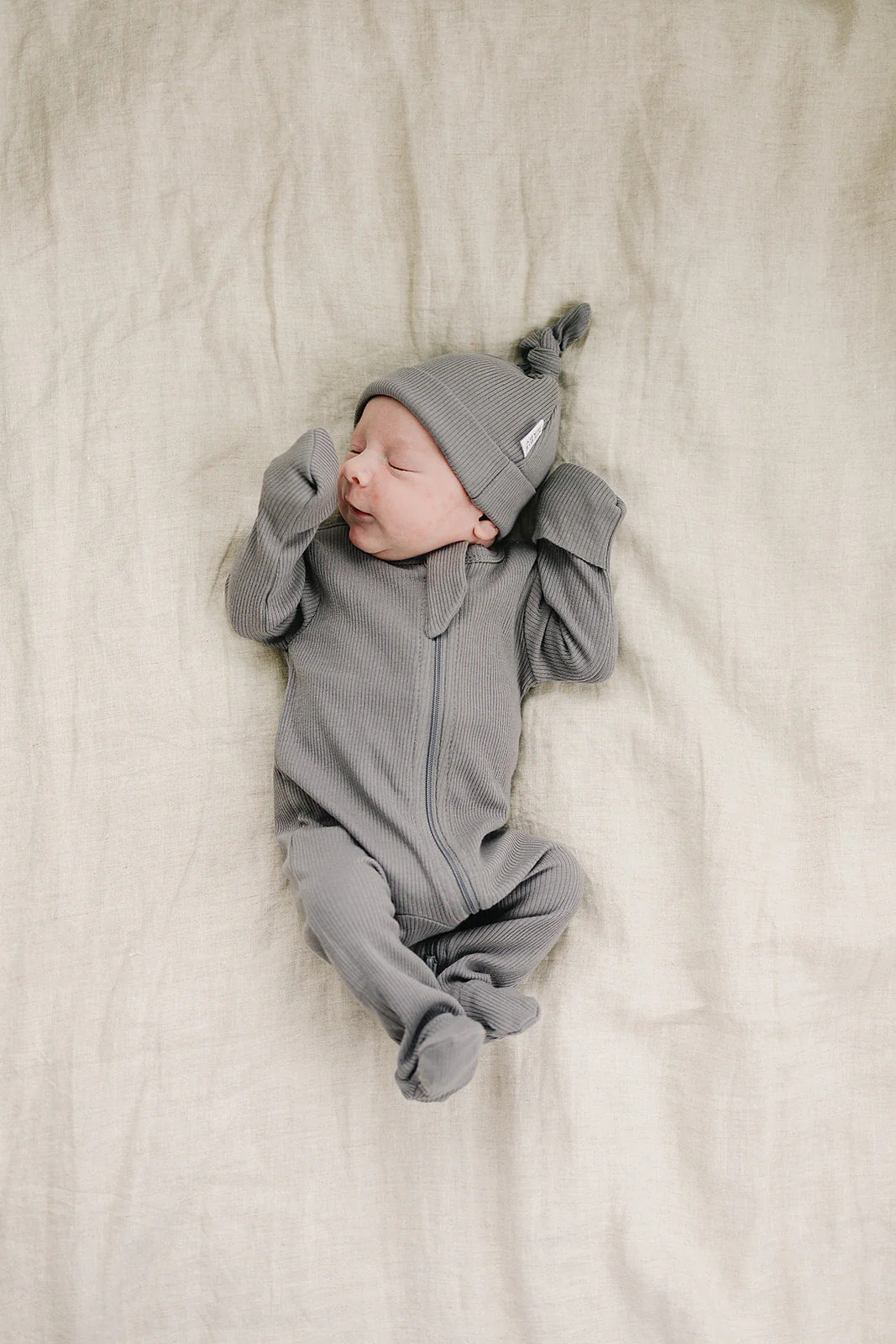Grey Organic Ribbed Newborn Knot Hat - Image 2