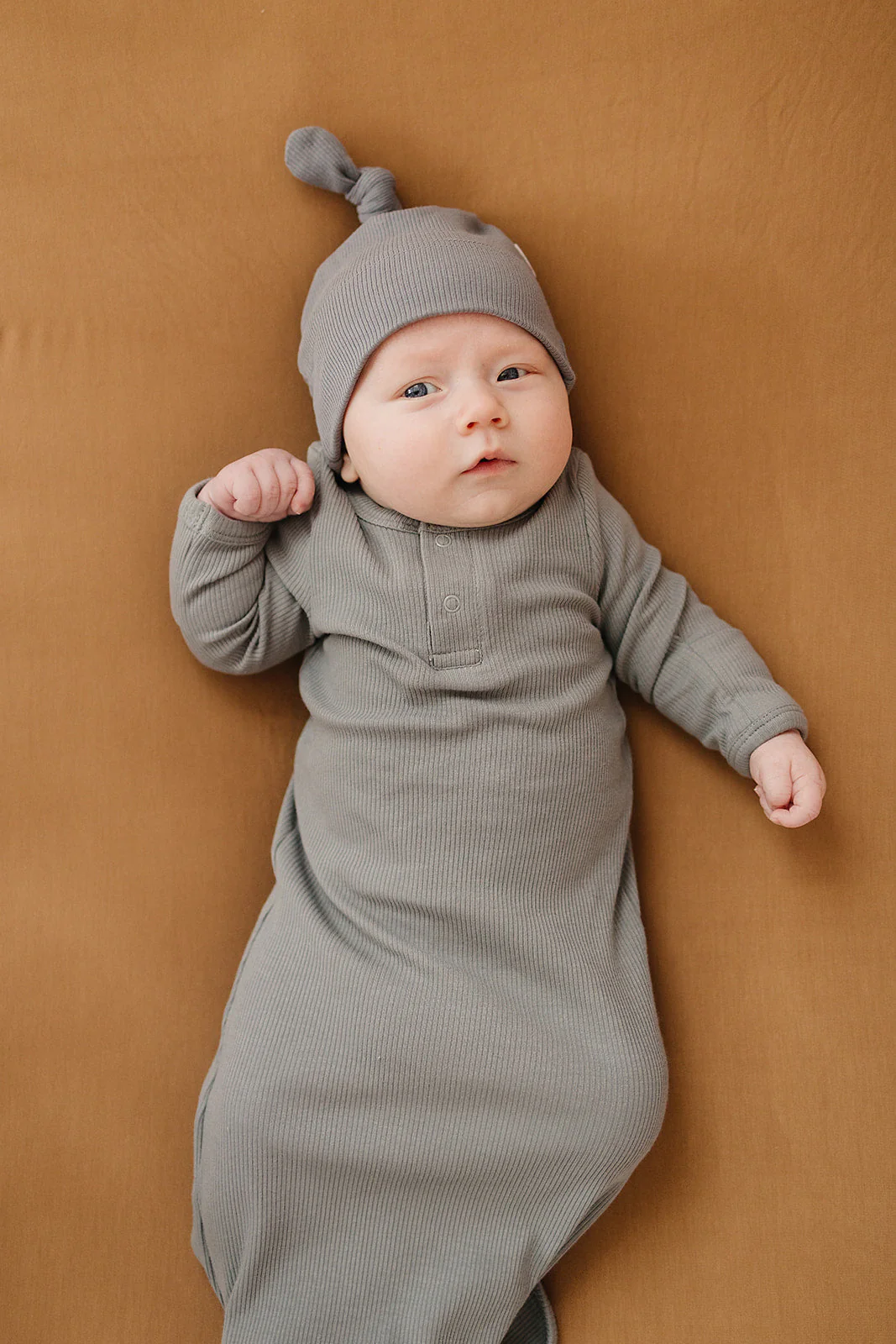 Grey Organic Ribbed Newborn Knot Hat - Image 3