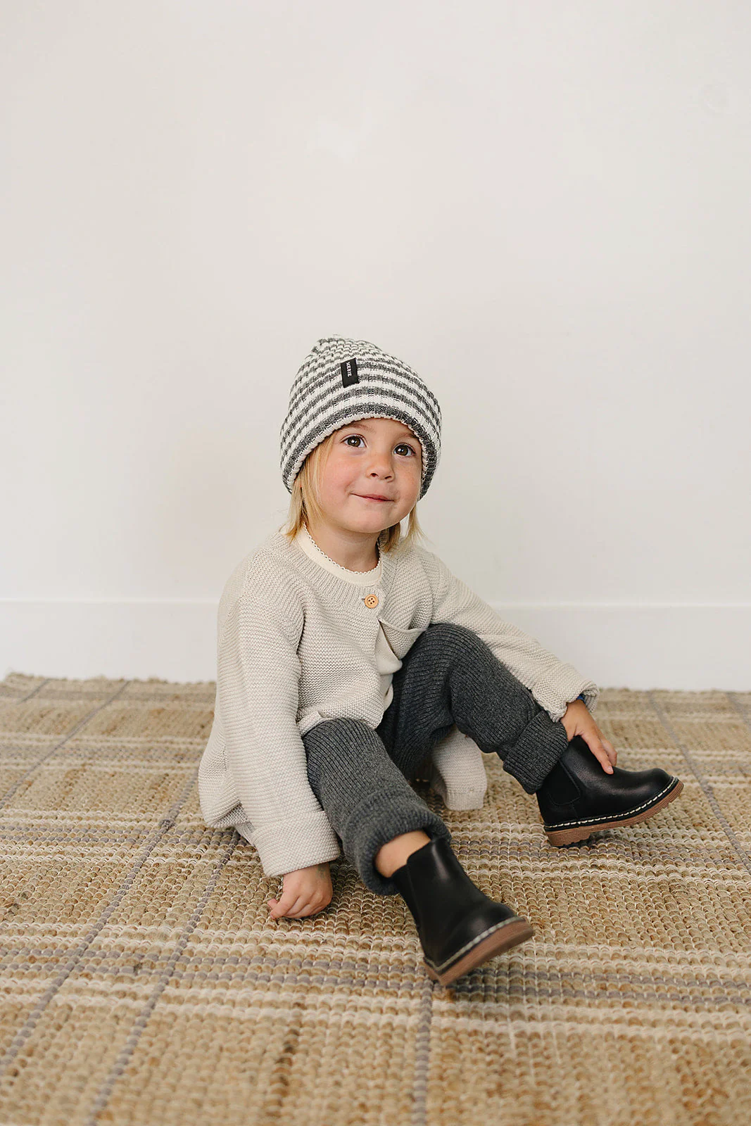 Grey & White Stripe Chunky Knit Beanie - Image 2
