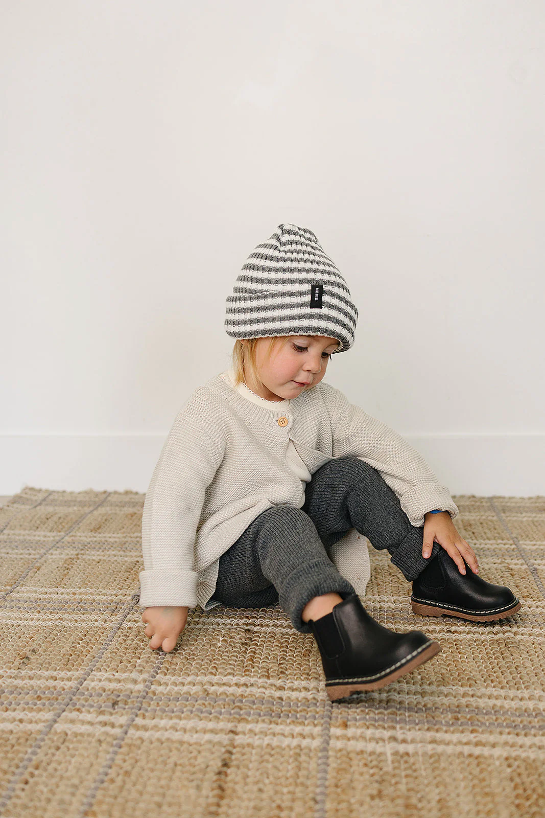 Grey & White Stripe Chunky Knit Beanie - Image 3