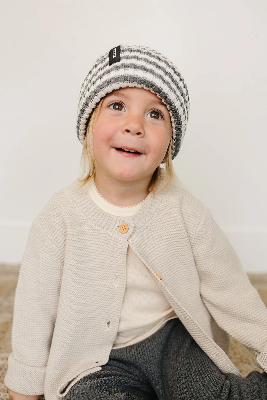 Grey & White Stripe Chunky Knit Beanie - Image 5