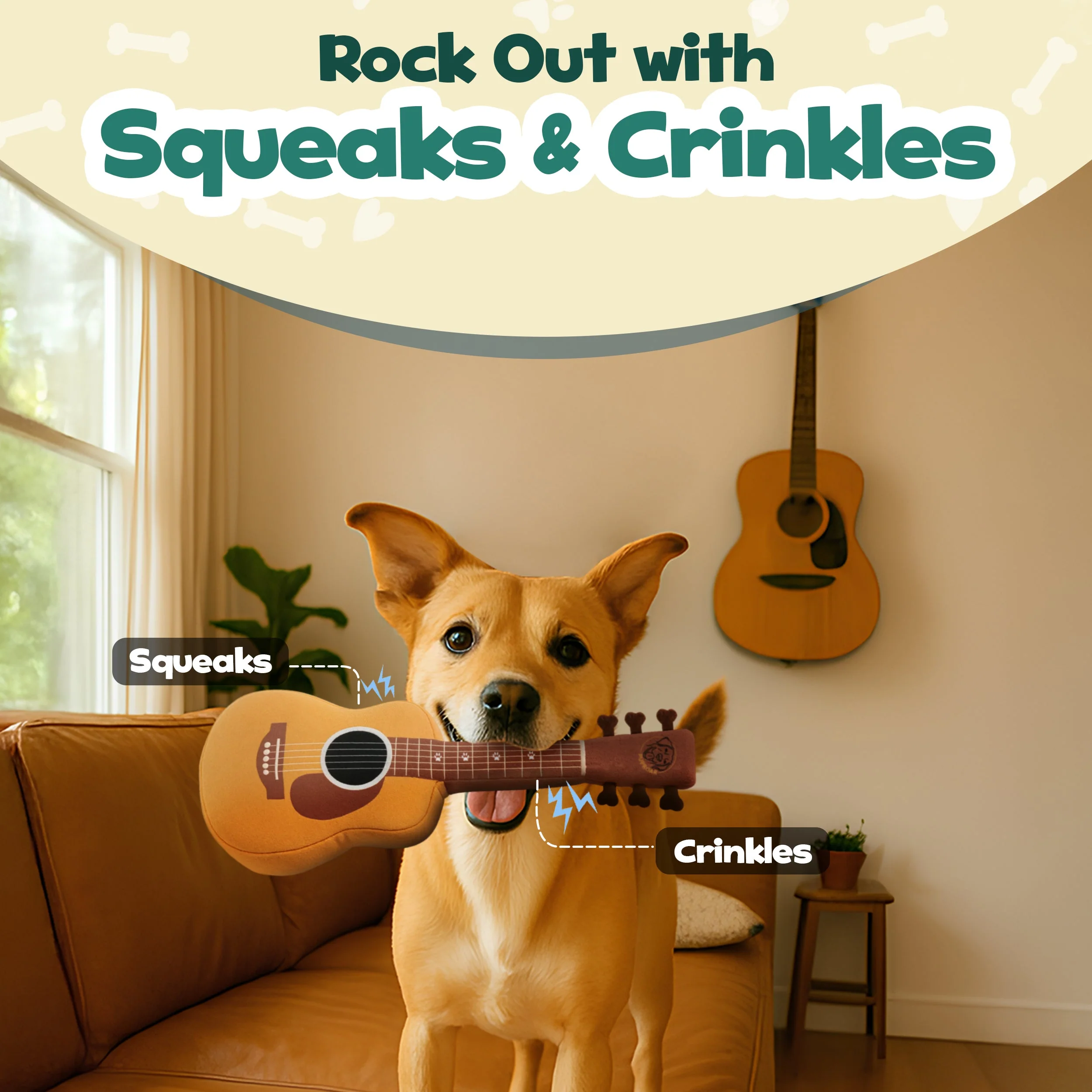 Guitar Squeaky Dog Toy – Plush Crinkle Dog Toy for Medium & Large Dogs, Durable Musical Dog Toy for Tug, Fetch & Birthday Gifts - Image 3