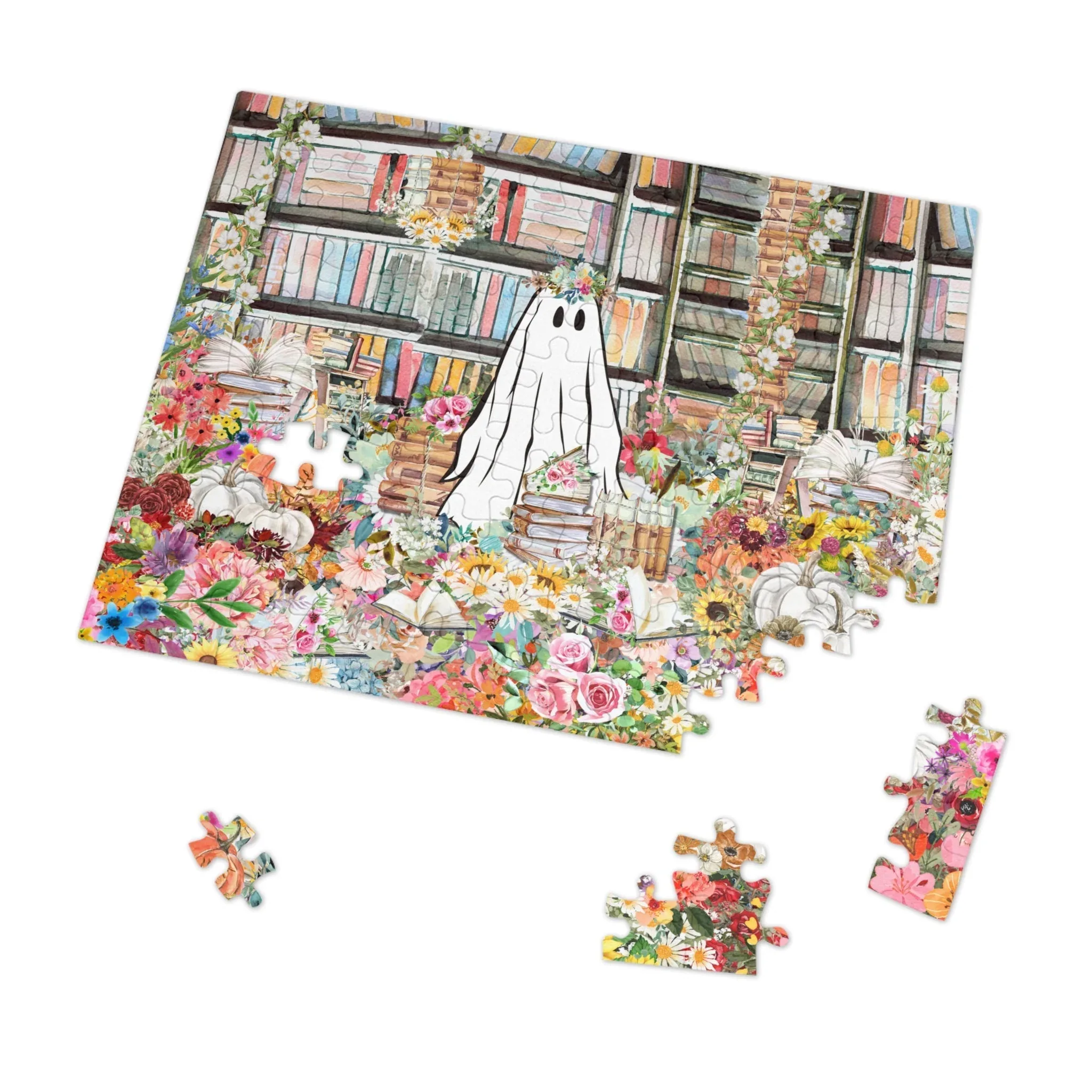 Halloween Ghost Puzzle in Library: Adorable Floral Ghost Surrounded by Books and Flowers - Image 2