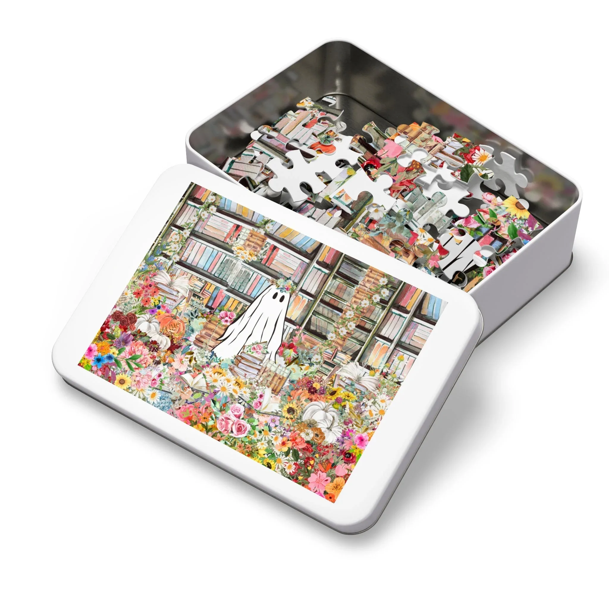 Halloween Ghost Puzzle in Library: Adorable Floral Ghost Surrounded by Books and Flowers - Image 3