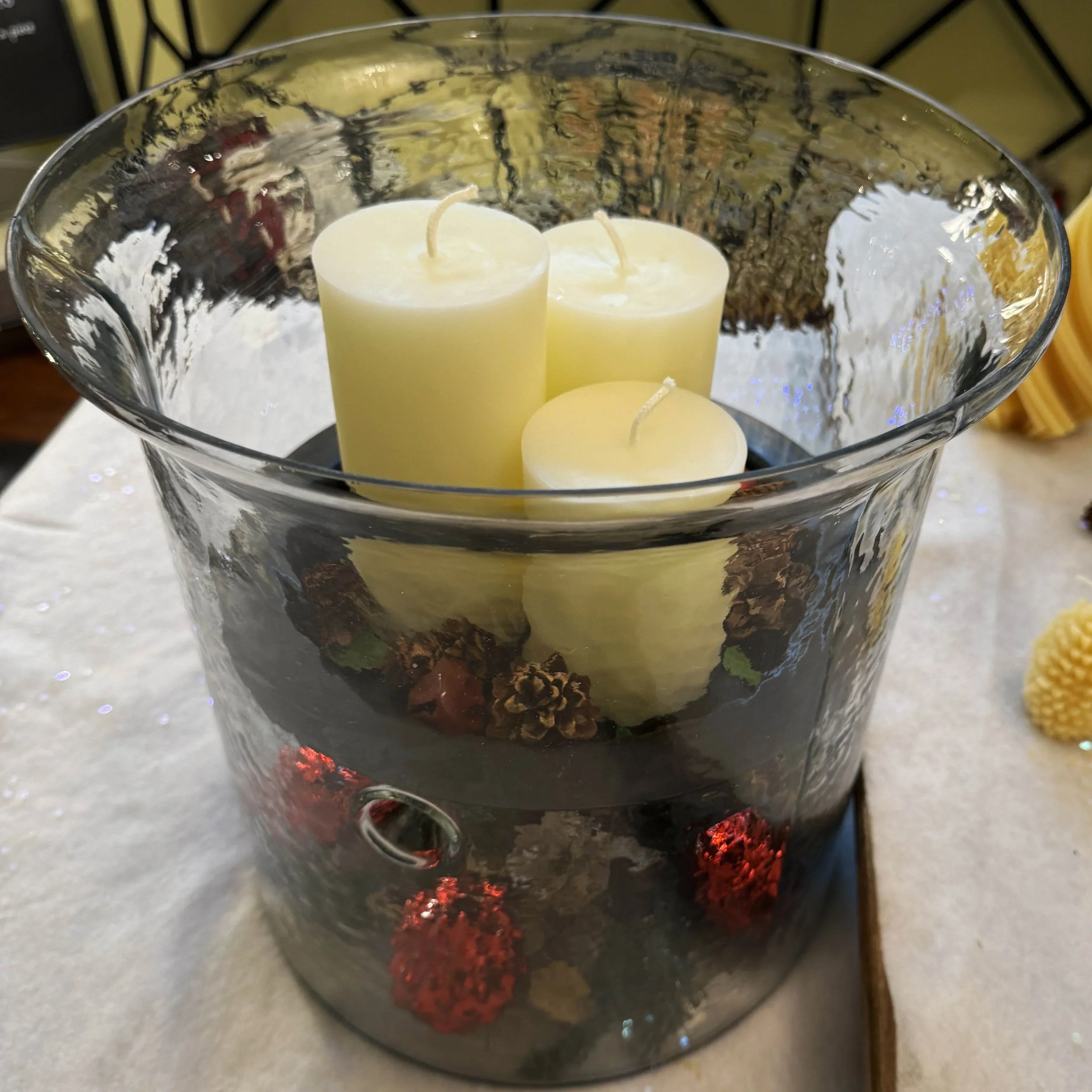 Hammered Glass Candle Holder with Decorative Metal Pan - Image 2