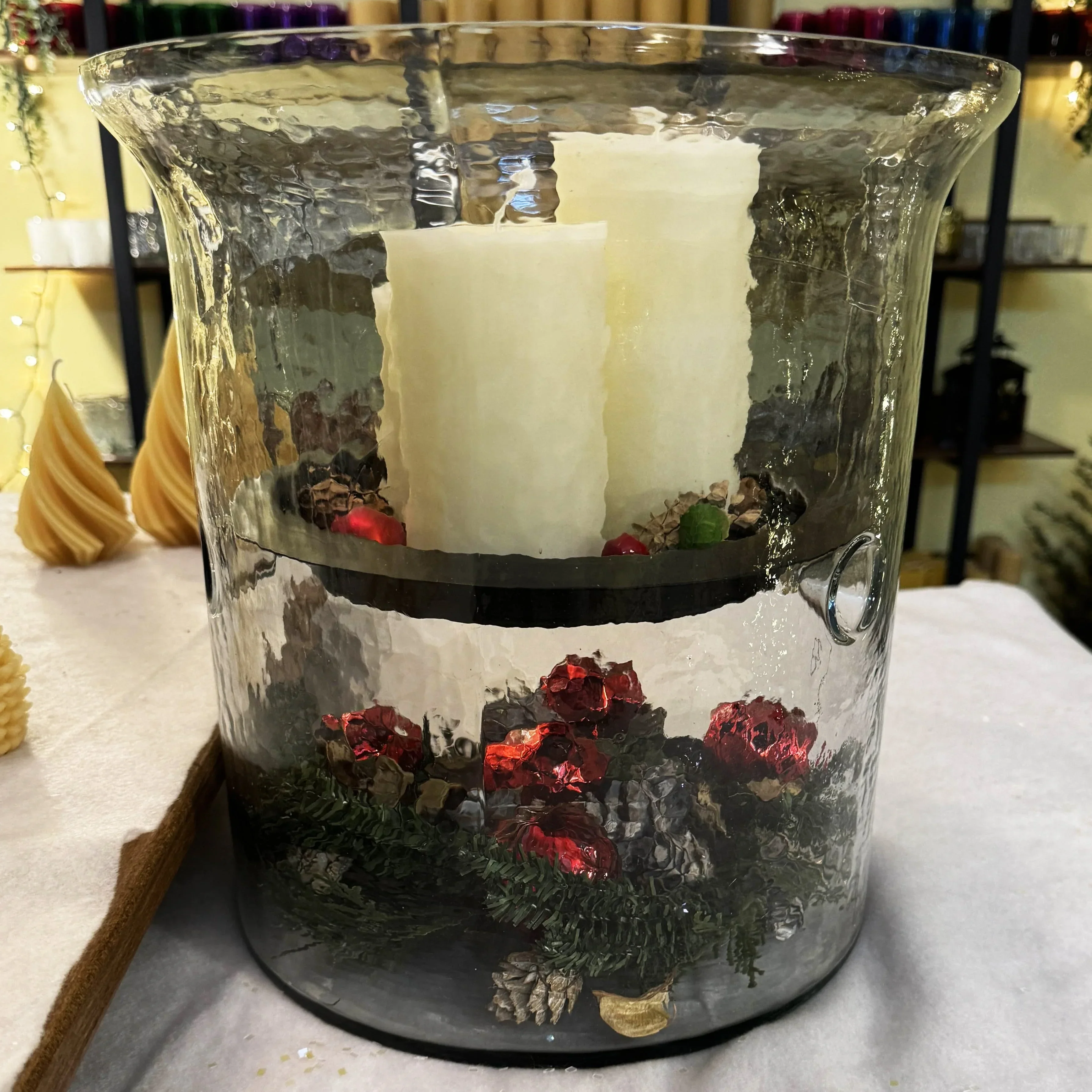 Hammered Glass Candle Holder with Decorative Metal Pan - Image 4