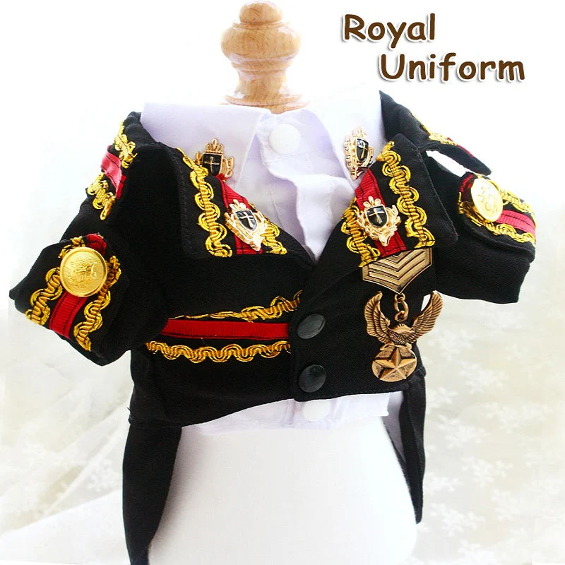 Handcrafted Royal Military Pet Suit Gold Trimmed Dog Outfit Jacket Suit Shirt Two-Piece Prince Uniform Badge - Image 5
