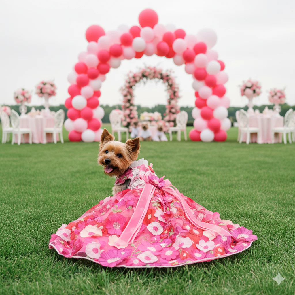 Handmade 3D Floral Embroidered Pet Gown – Hot-Pink Princess Train Dress - Image 3