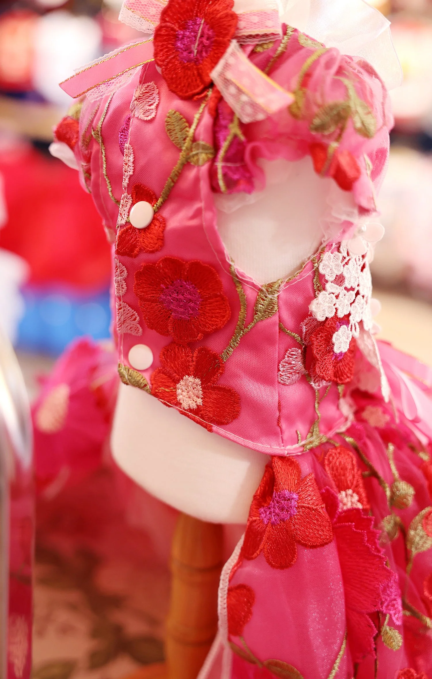 Handmade 3D Floral Embroidered Pet Gown – Hot-Pink Princess Train Dress - Image 4