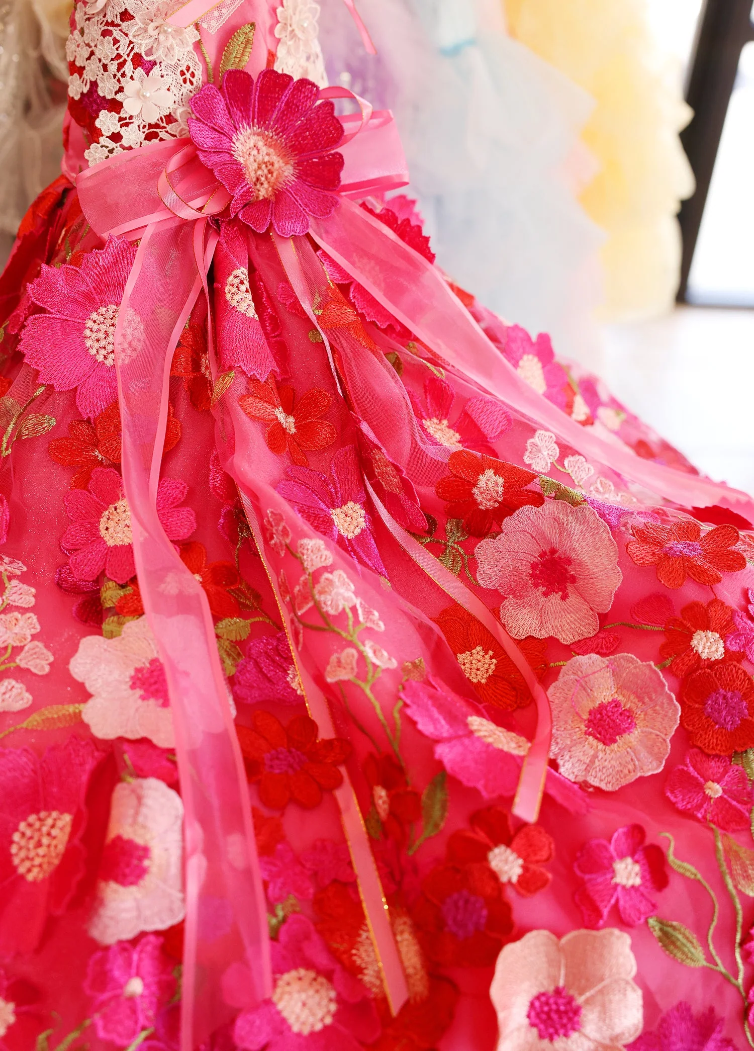 Handmade 3D Floral Embroidered Pet Gown – Hot-Pink Princess Train Dress - Image 5