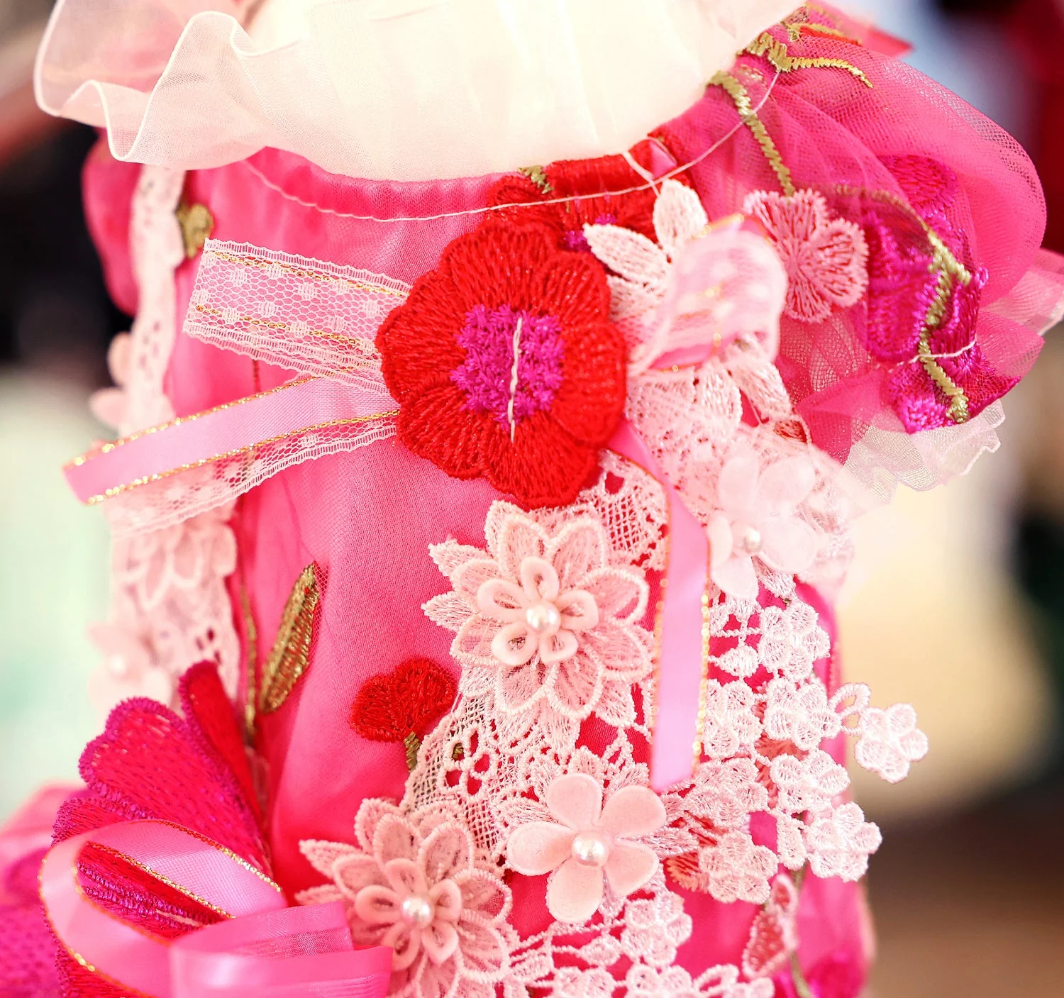 Handmade 3D Floral Embroidered Pet Gown – Hot-Pink Princess Train Dress - Image 7