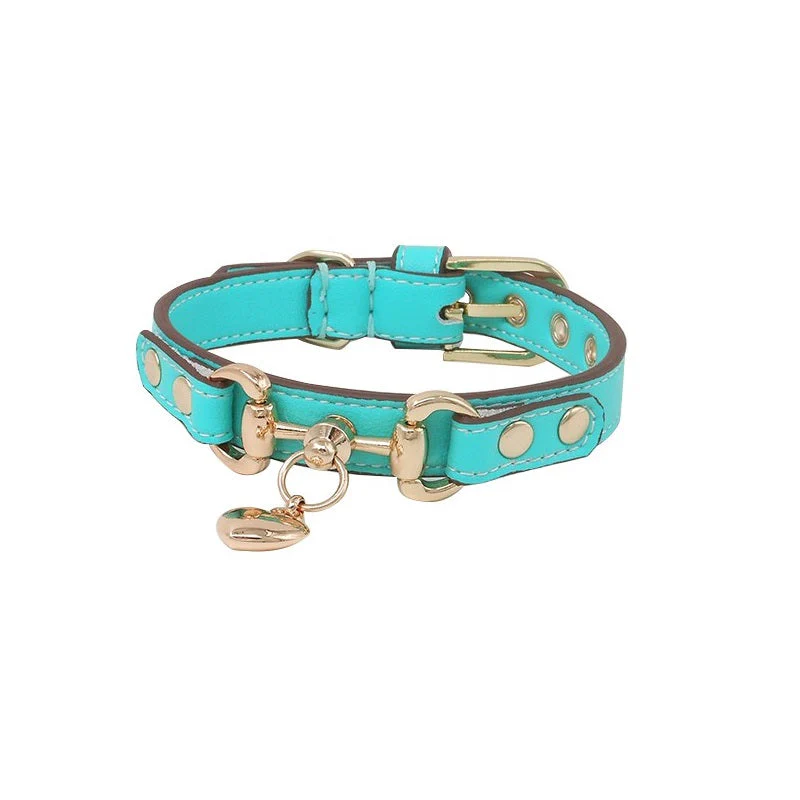 Handmade Calf Leather Pet Collar Dog Collar Elegant Turquoise - Image 4