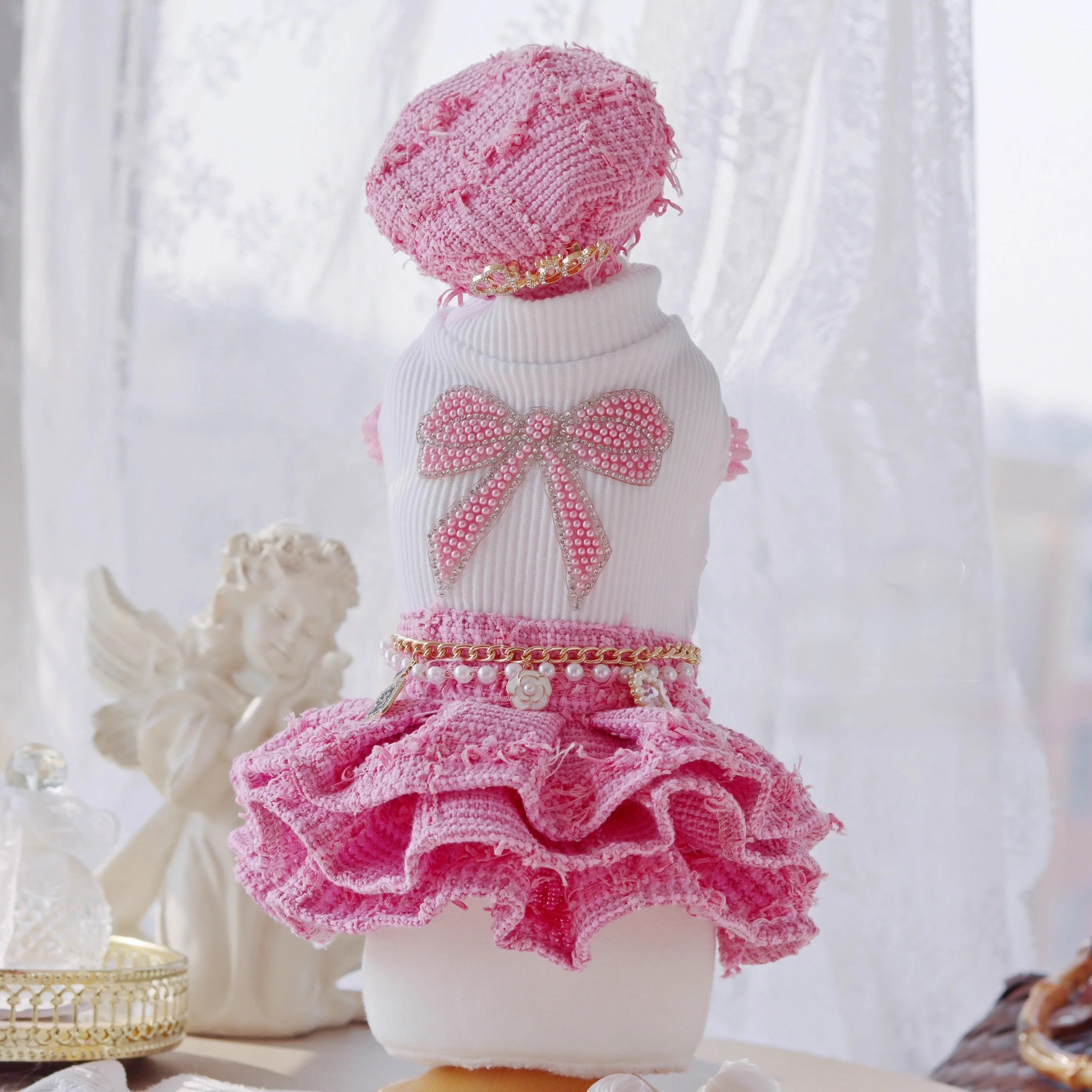Handmade Chic Puppy Suit Pink Tweed Skirt Outfit - Image 2
