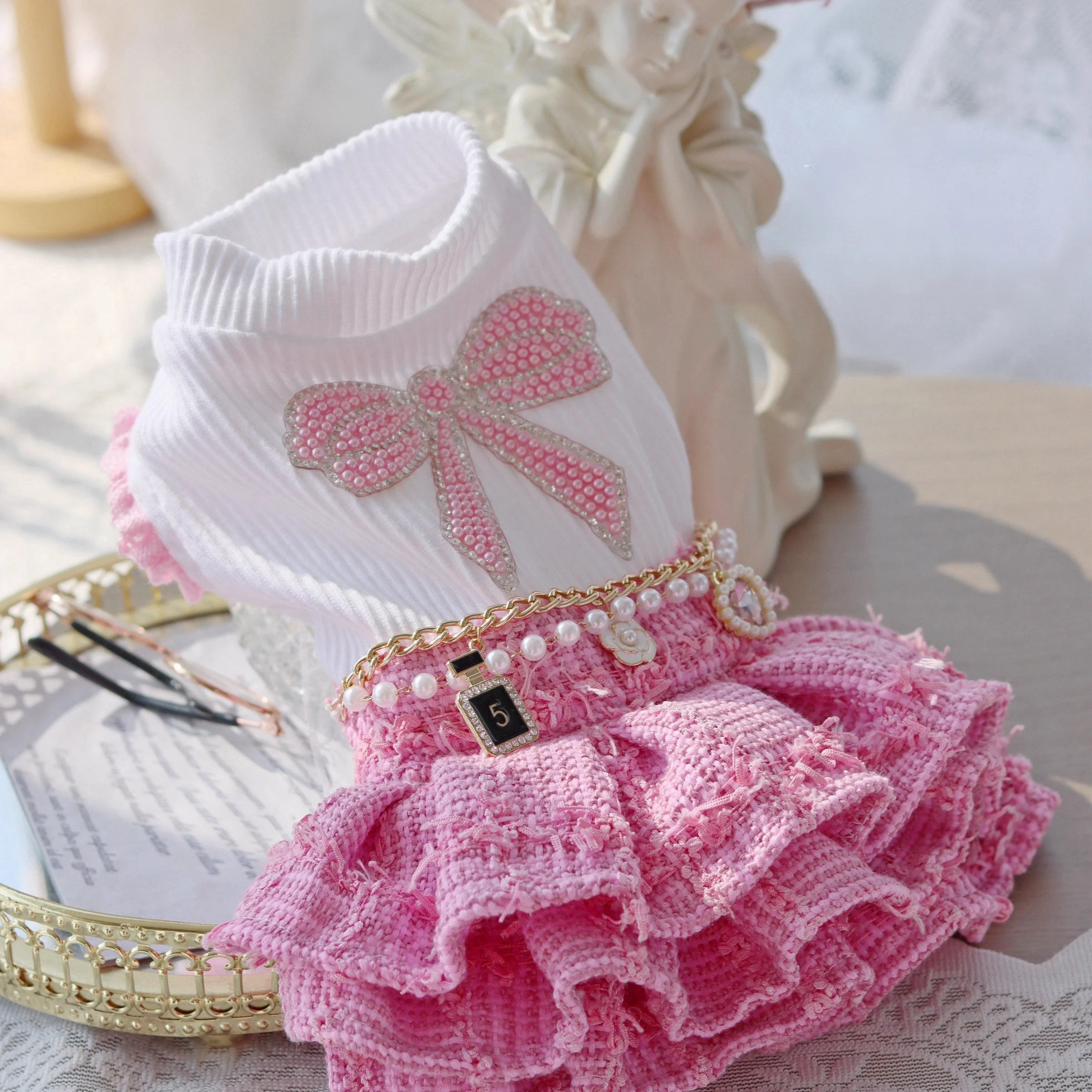 Handmade Chic Puppy Suit Pink Tweed Skirt Outfit - Image 6
