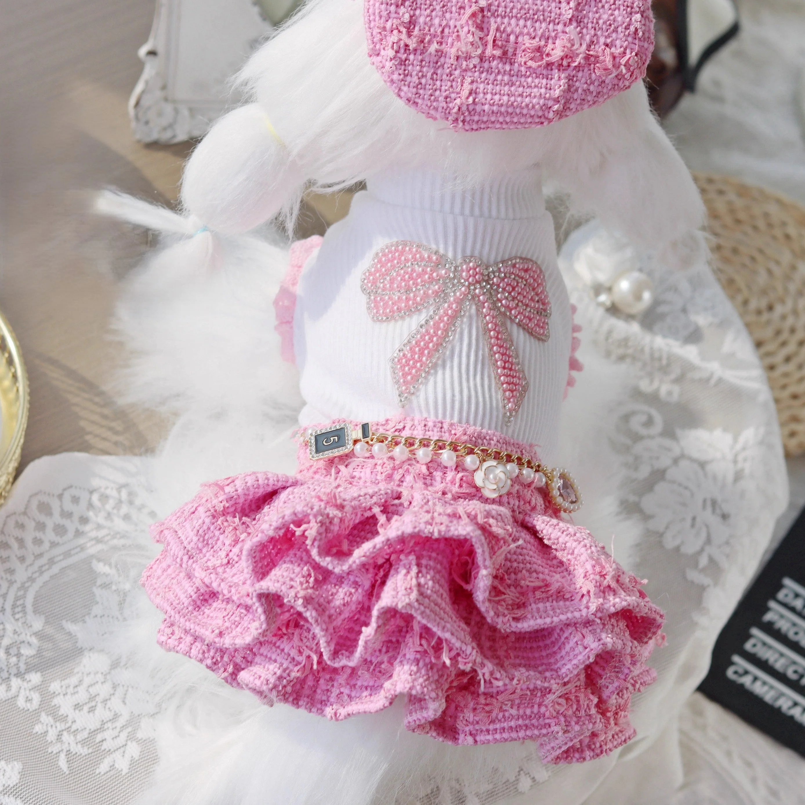 Handmade Chic Puppy Suit Pink Tweed Skirt Outfit - Image 7