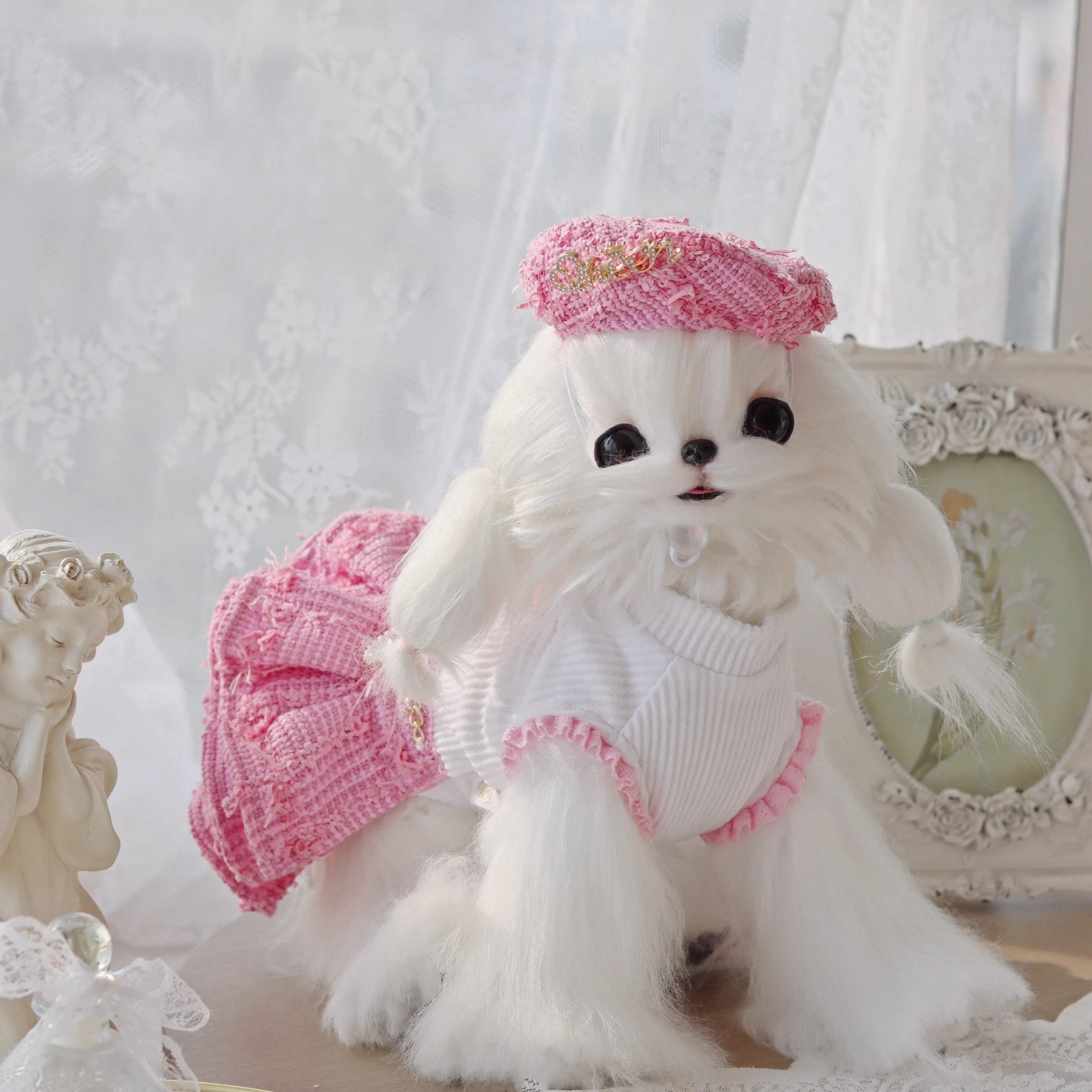 Handmade Chic Puppy Suit Pink Tweed Skirt Outfit - Image 8