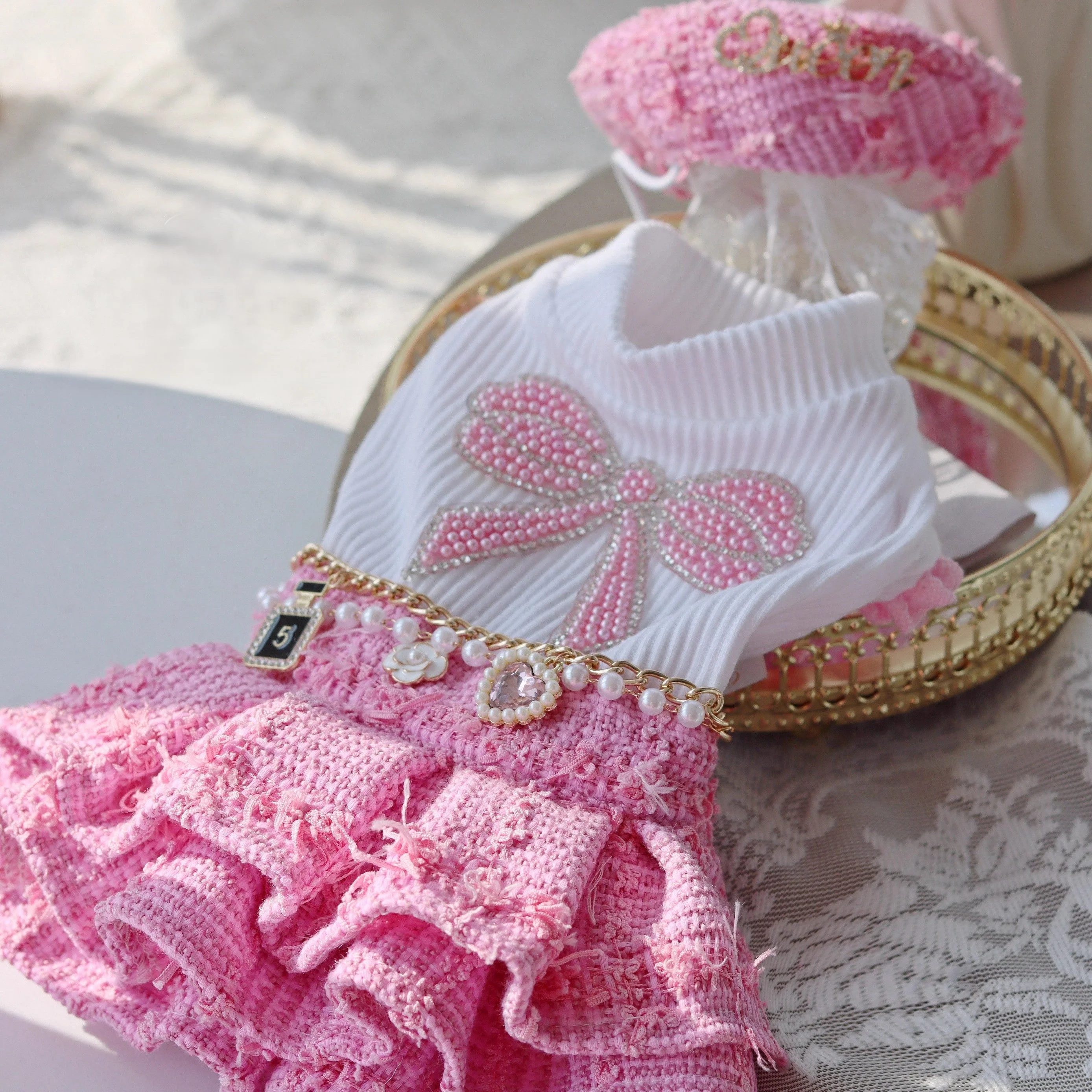 Handmade Chic Puppy Suit Pink Tweed Skirt Outfit - Image 9