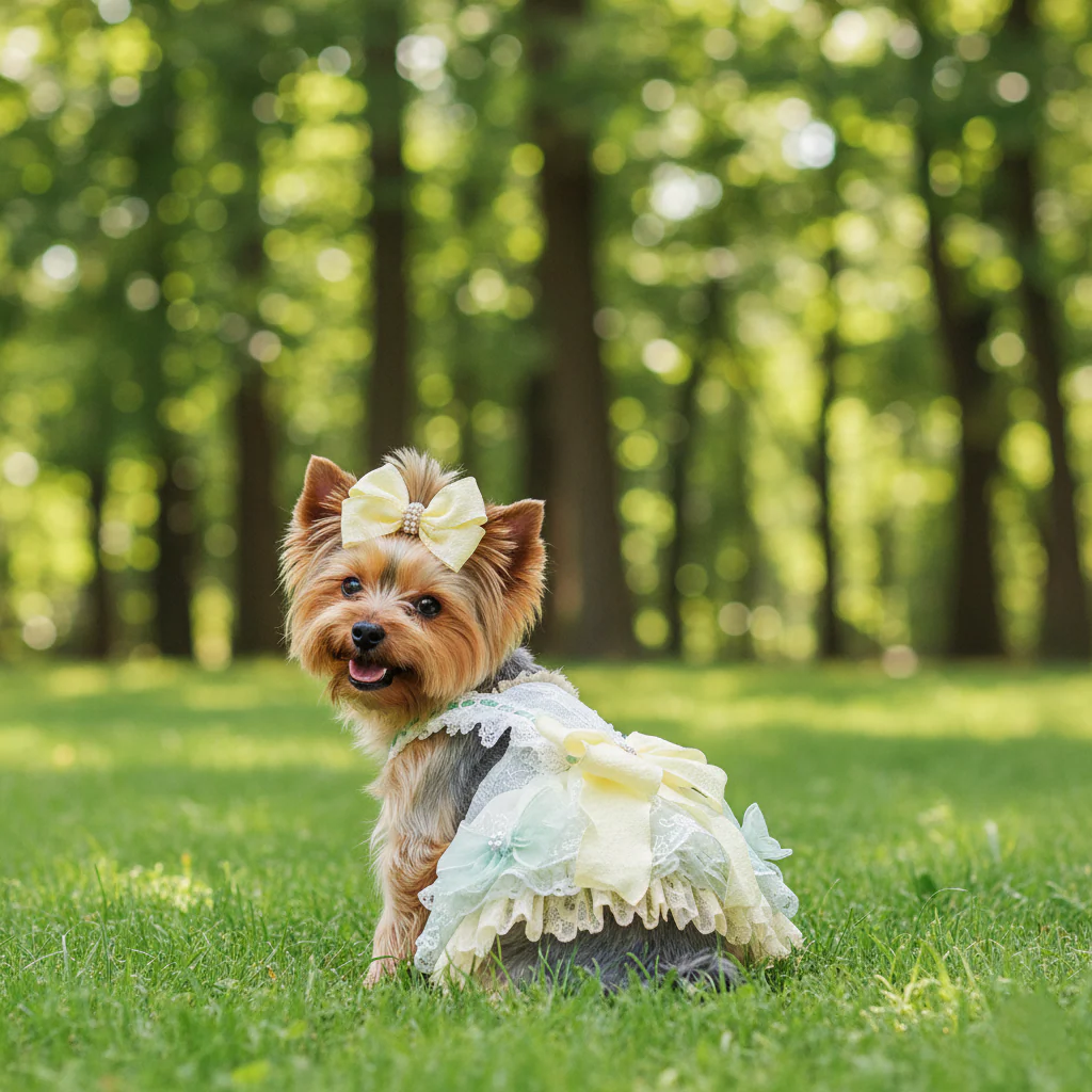 Handmade Cute Dog Dress Yellow Lace Bowknot Outfit - Image 2