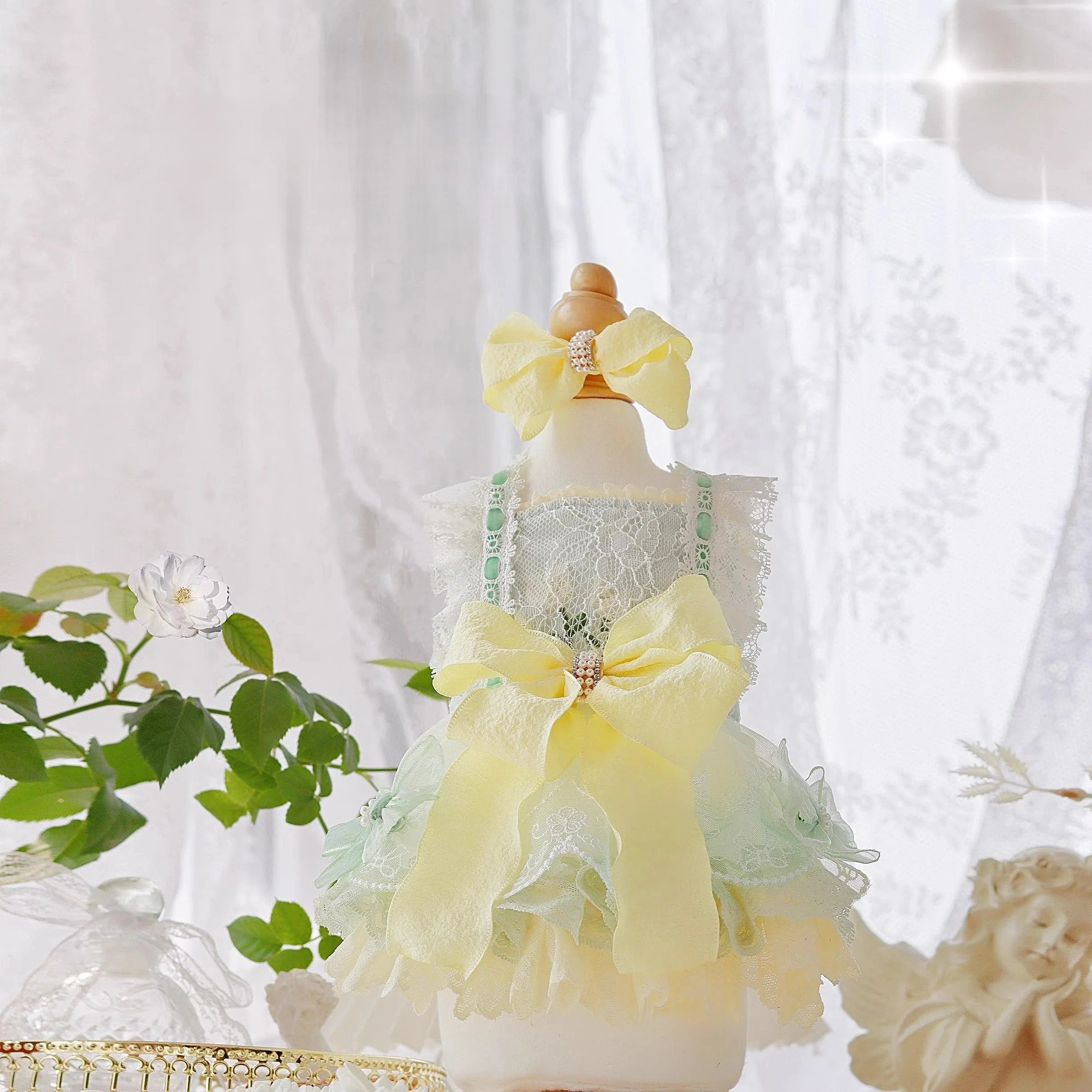 Handmade Cute Dog Dress Yellow Lace Bowknot Outfit - Image 4