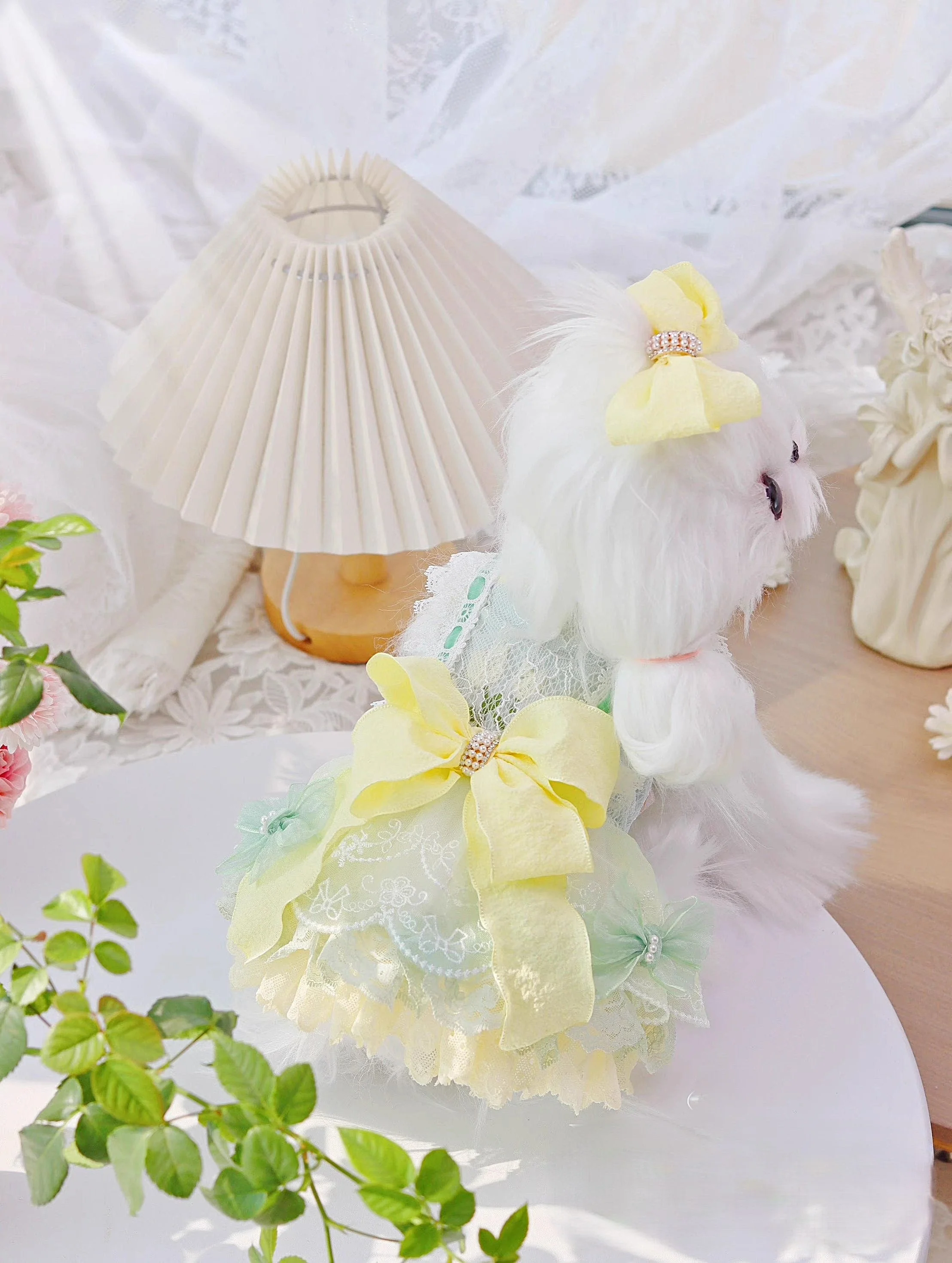 Handmade Cute Dog Dress Yellow Lace Bowknot Outfit - Image 5
