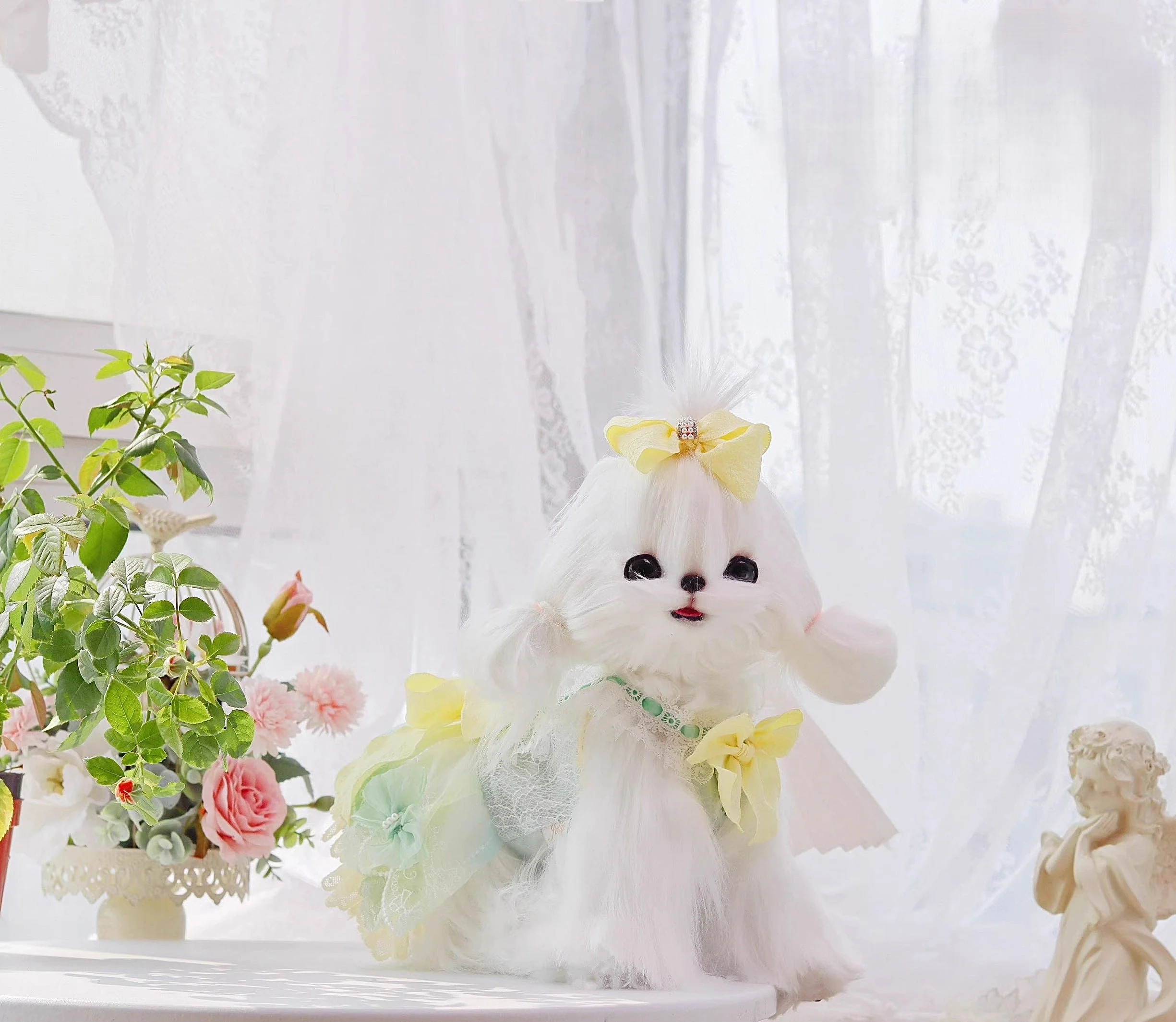 Handmade Cute Dog Dress Yellow Lace Bowknot Outfit - Image 6