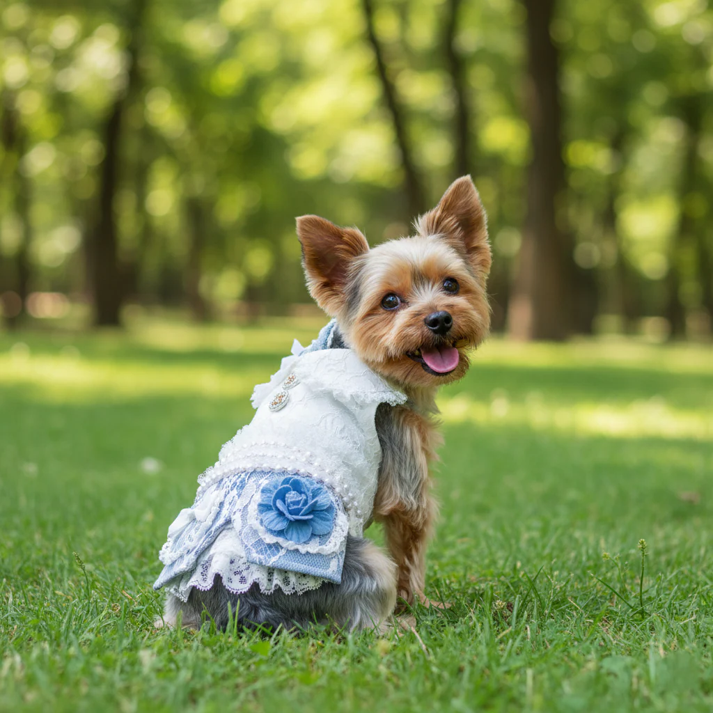 Handmade Elegant Dog Dress Blue Lace Flower Outfit - Image 2