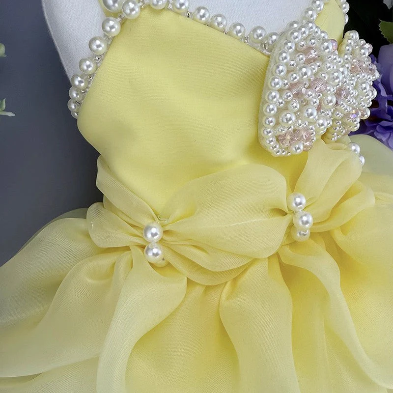 Handmade Elegant Yellow Pearl Princess Dress - Image 4
