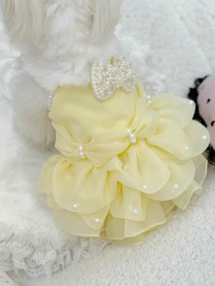 Handmade Elegant Yellow Pearl Princess Dress - Image 7