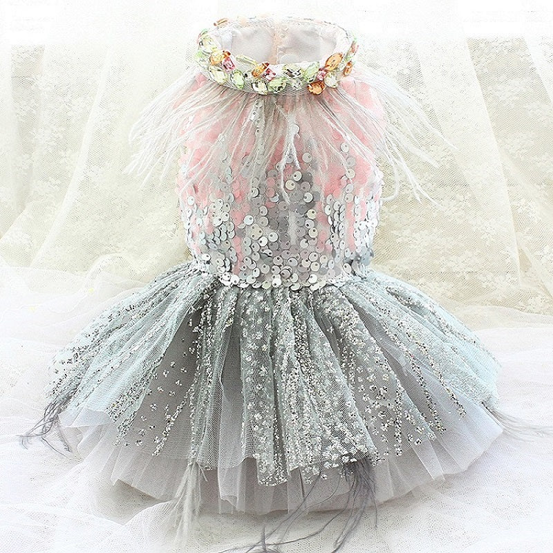 Handmade Glamorous Sequin Feather Pet Clothing Elegant Sparkling Dog Princess Dress - Image 2