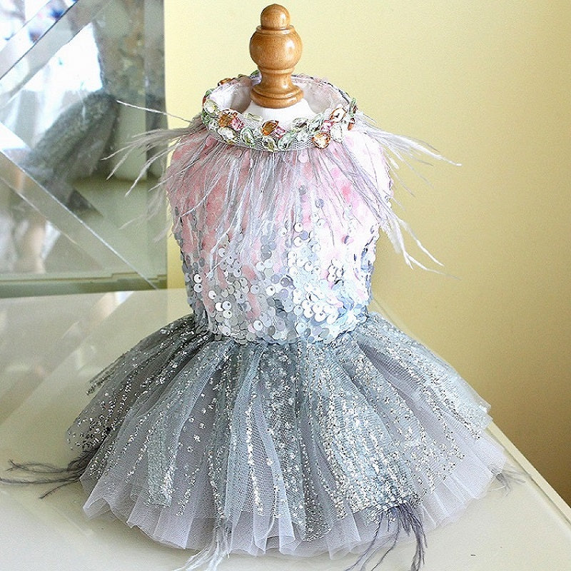 Handmade Glamorous Sequin Feather Pet Clothing Elegant Sparkling Dog Princess Dress - Image 4