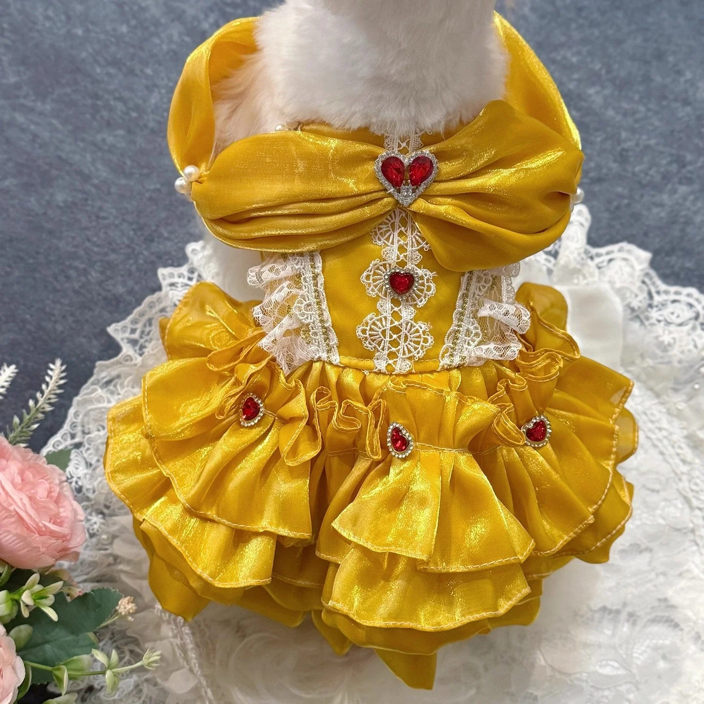 Handmade Golden Heart Jewel Dog Dress - Image 5