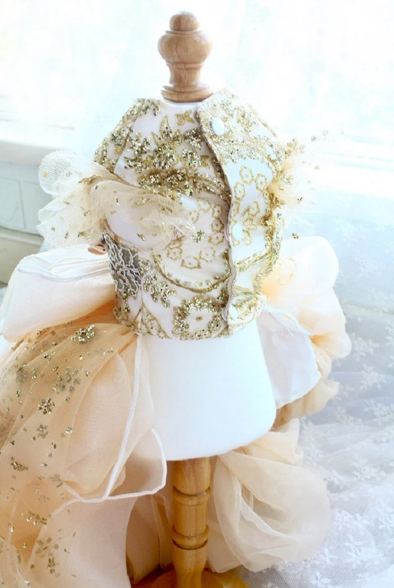Handmade Luxurious Dog Gown Gold Glitter Pet Princess Trailing Dress Gold Glitter For Weddings Parties - Image 4