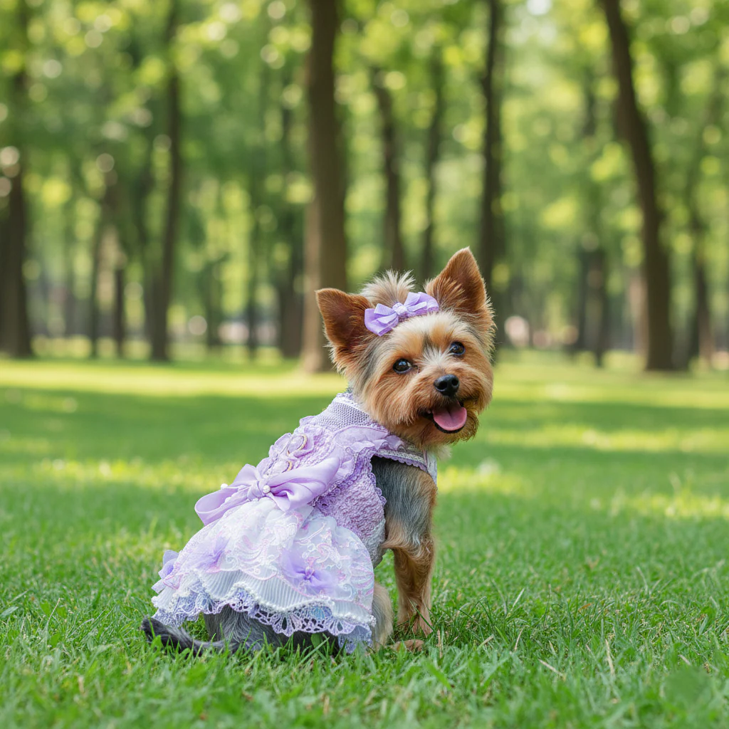 Handmade Luxury Dog Dress Purple Lace Pearl Bow Outfit - Image 2