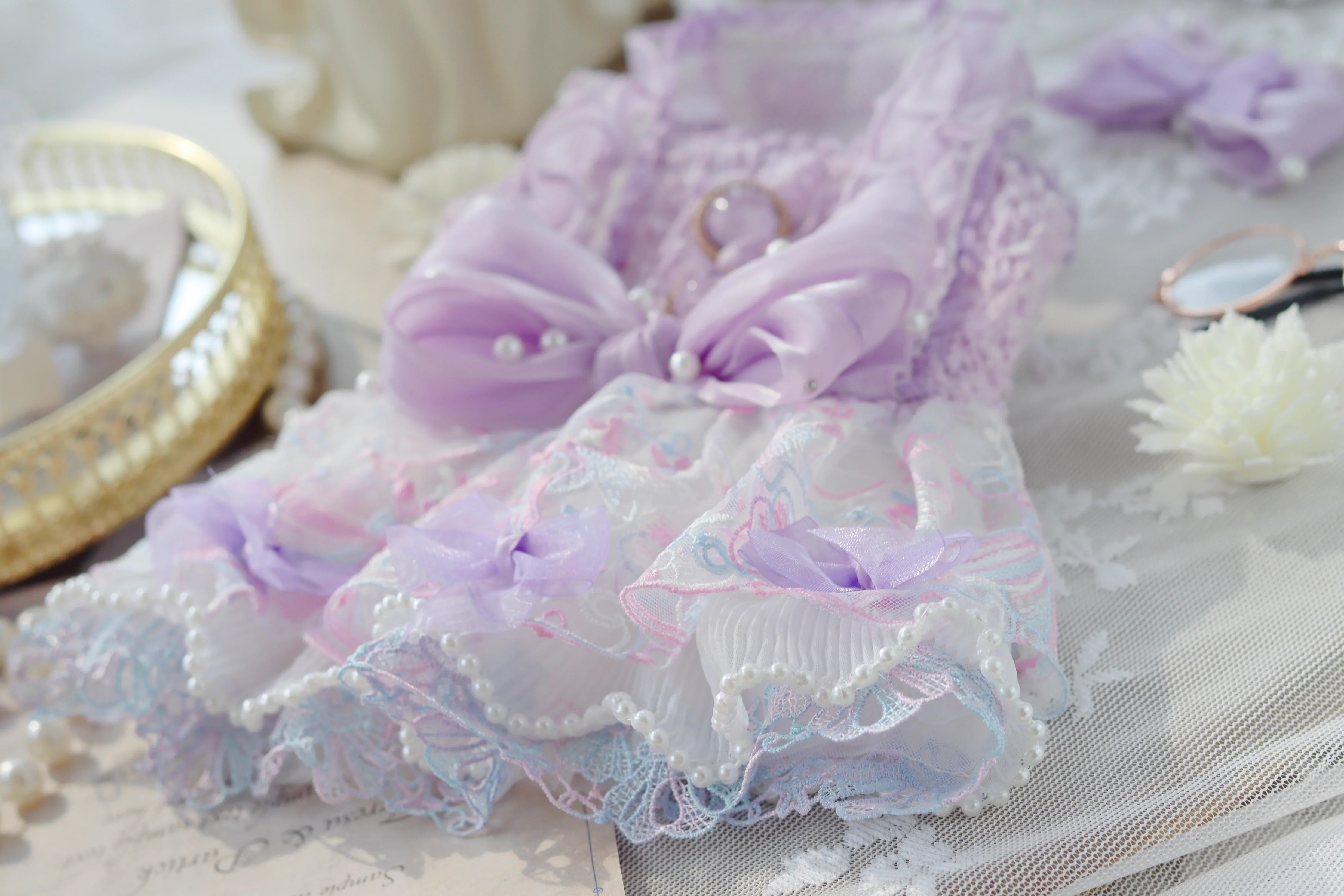 Handmade Luxury Dog Dress Purple Lace Pearl Bow Outfit - Image 4