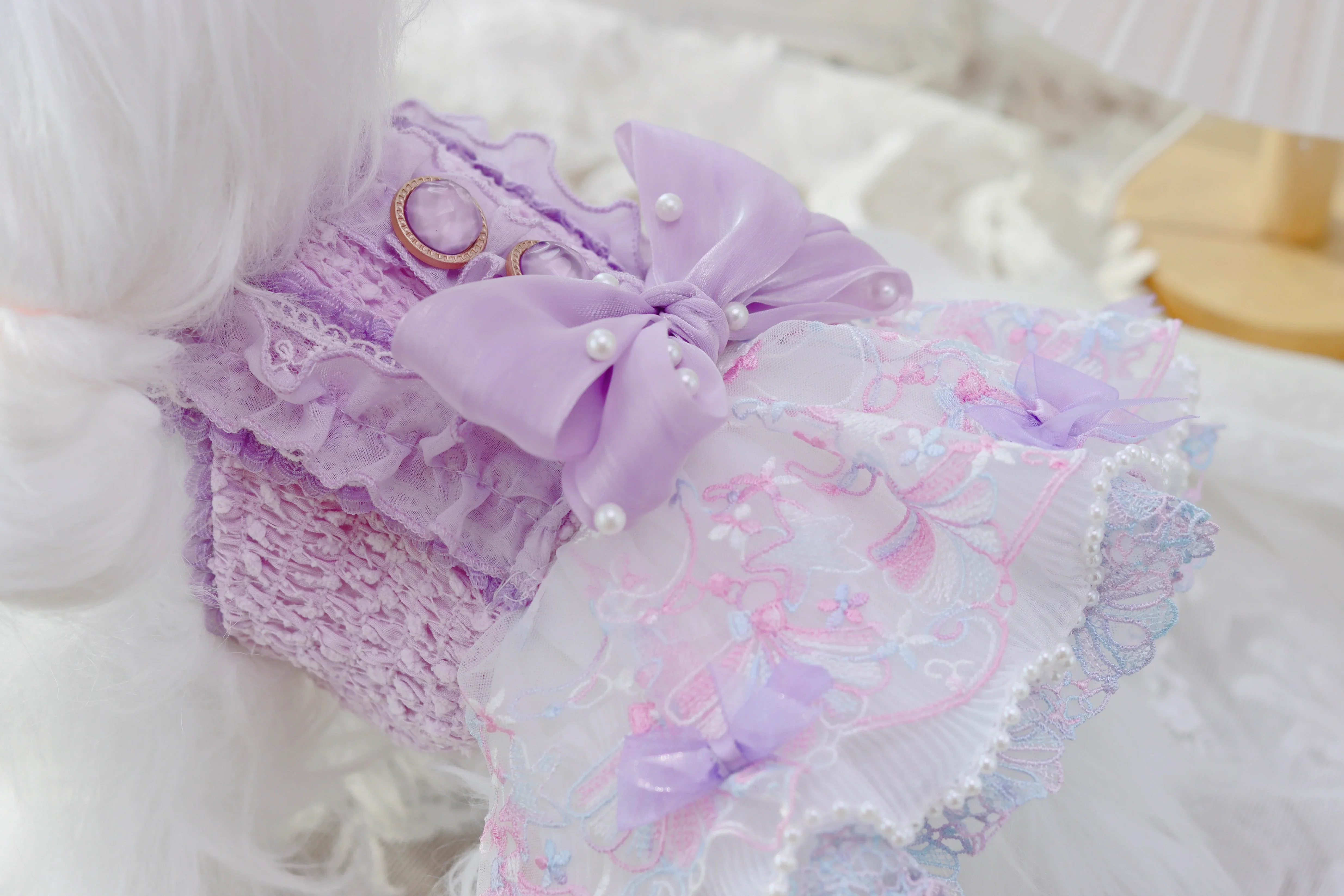 Handmade Luxury Dog Dress Purple Lace Pearl Bow Outfit - Image 6