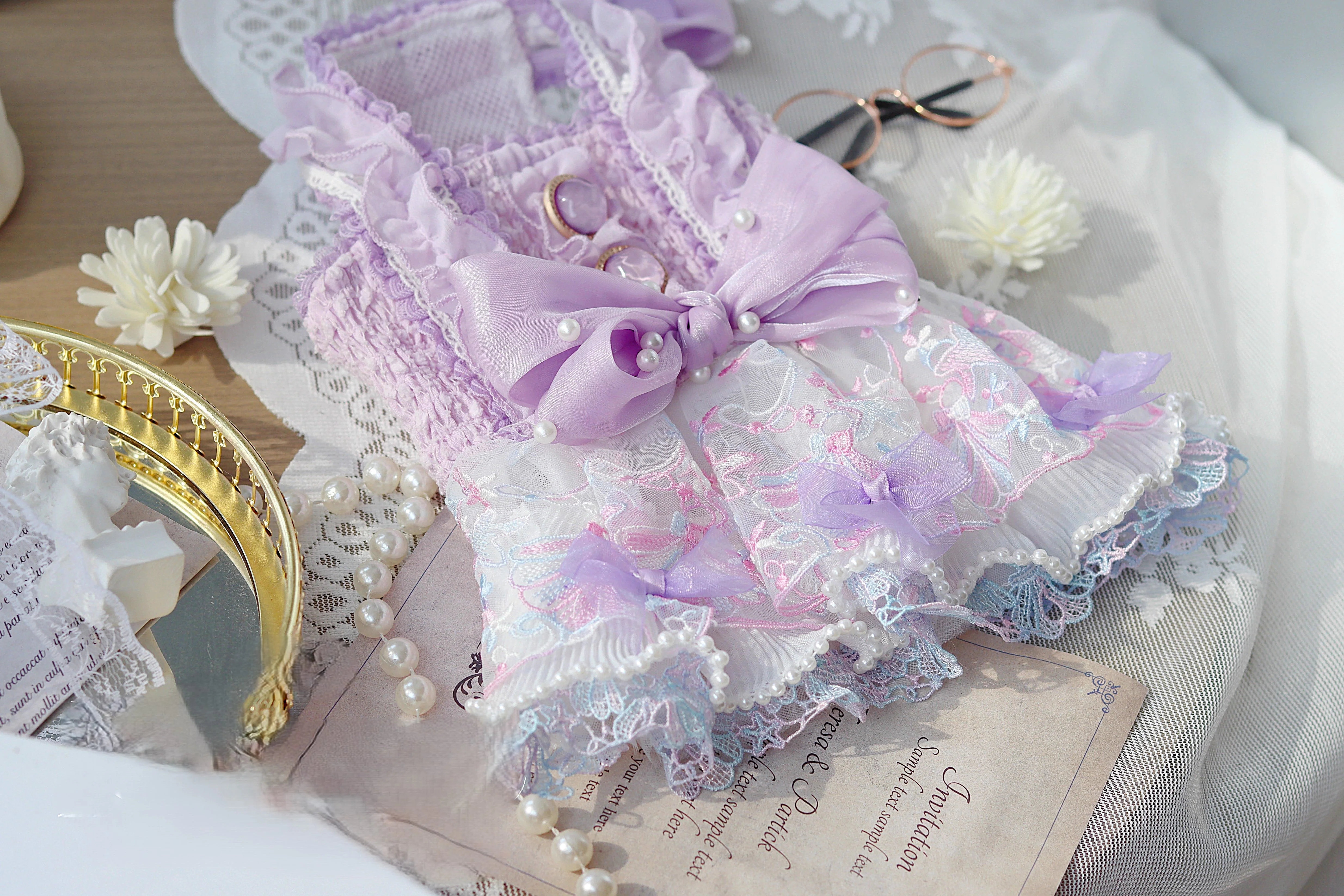 Handmade Luxury Dog Dress Purple Lace Pearl Bow Outfit - Image 7