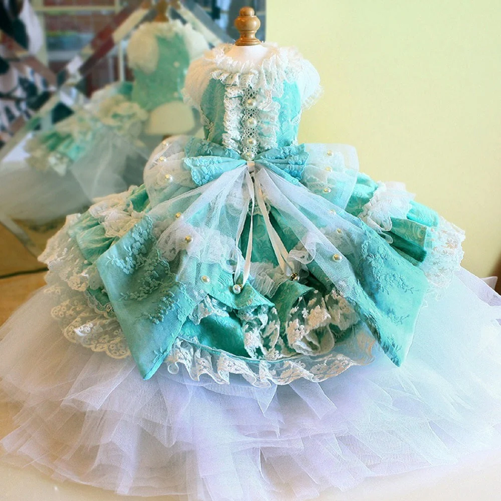 Handmade Luxury Dog Trailing Dress Pet Clinoline Weddings Gown - Image 3
