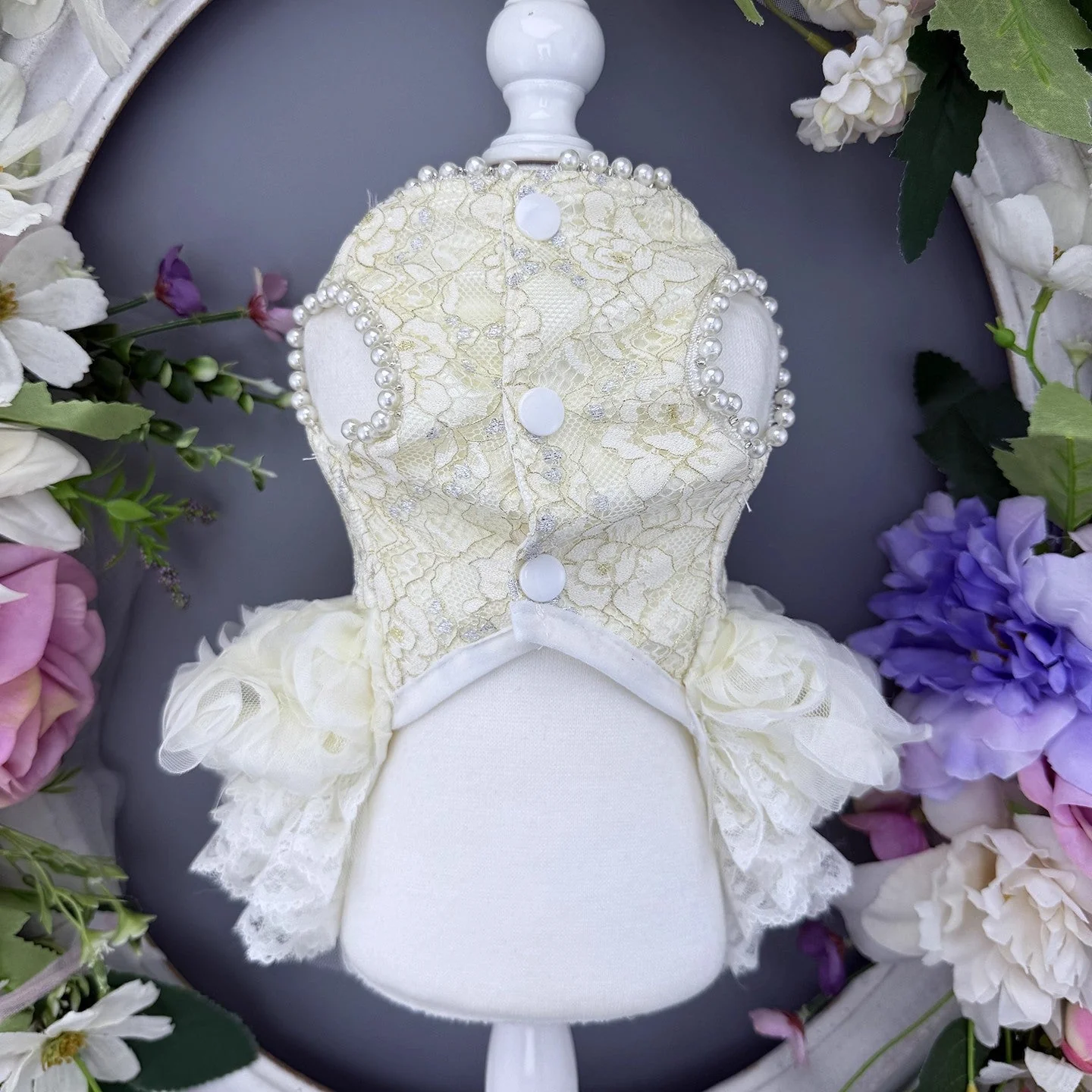 Handmade Luxury Pearl & Rose Lace Pet Dress - Image 2