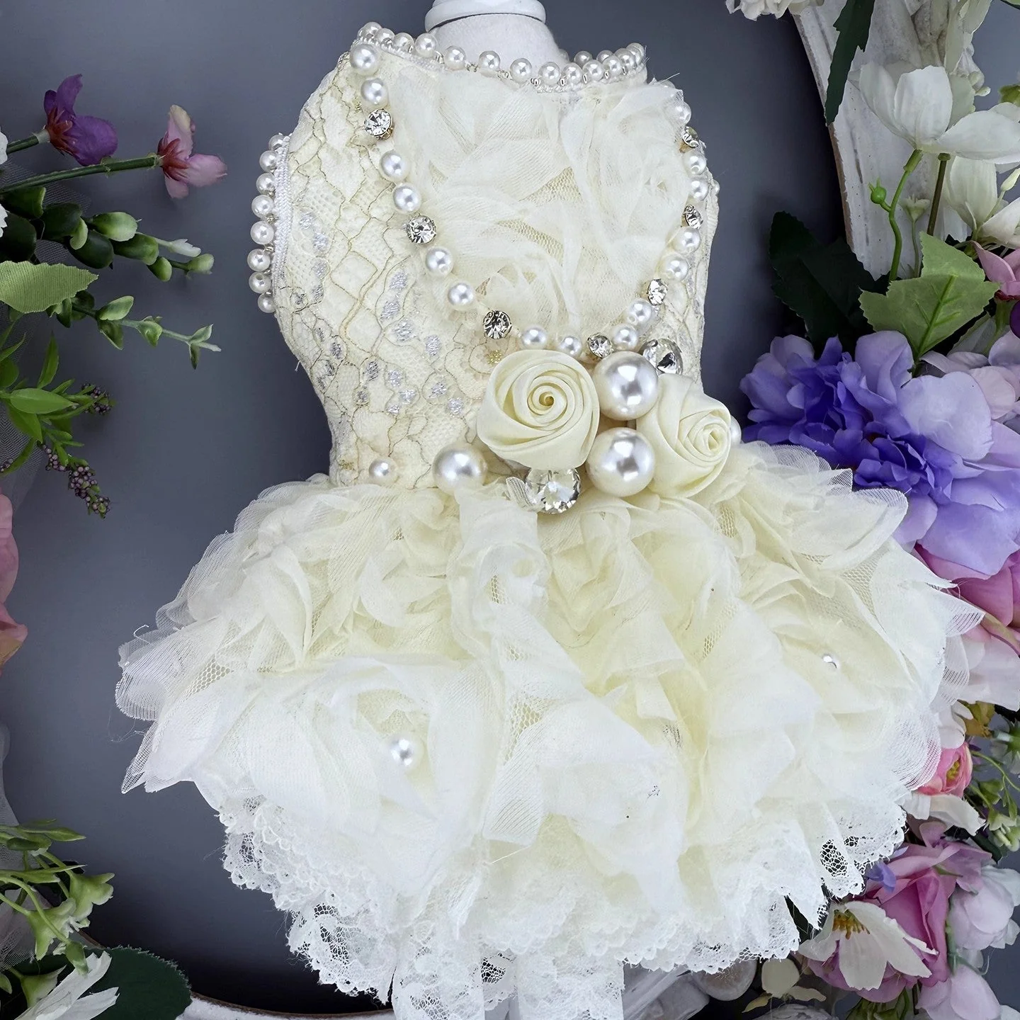 Handmade Luxury Pearl & Rose Lace Pet Dress - Image 3