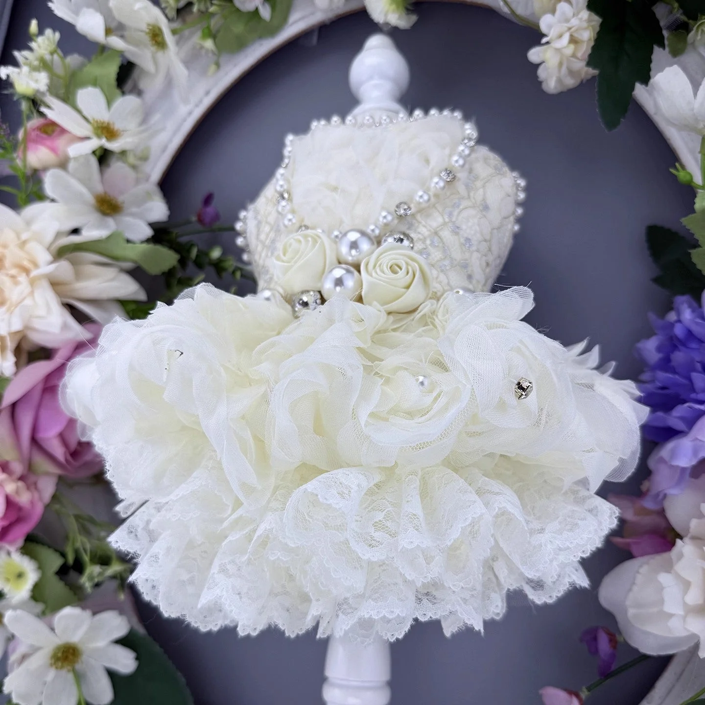 Handmade Luxury Pearl & Rose Lace Pet Dress - Image 4