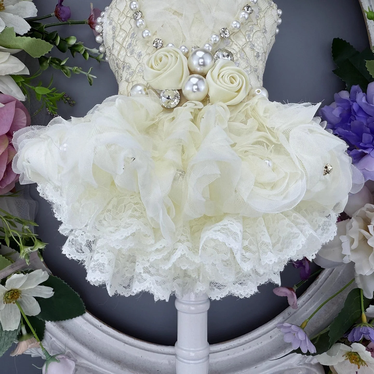 Handmade Luxury Pearl & Rose Lace Pet Dress - Image 5