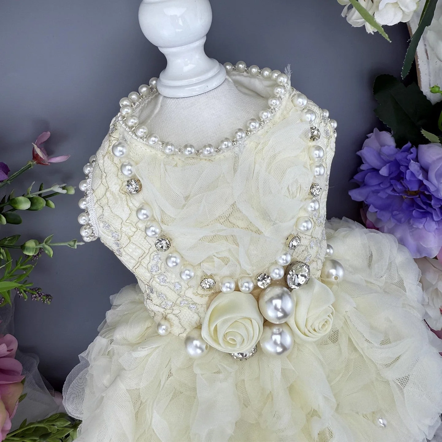Handmade Luxury Pearl & Rose Lace Pet Dress - Image 6
