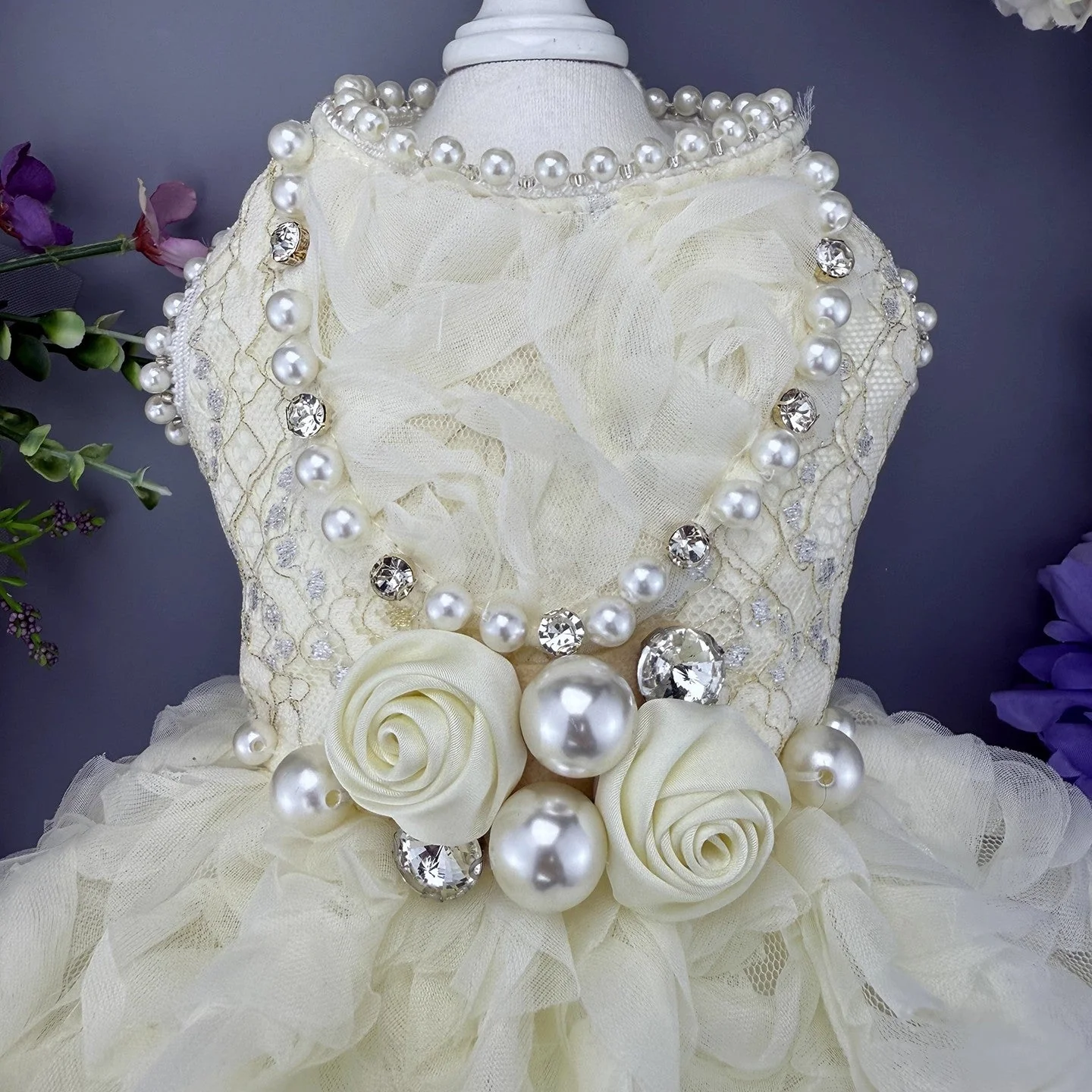 Handmade Luxury Pearl & Rose Lace Pet Dress - Image 7
