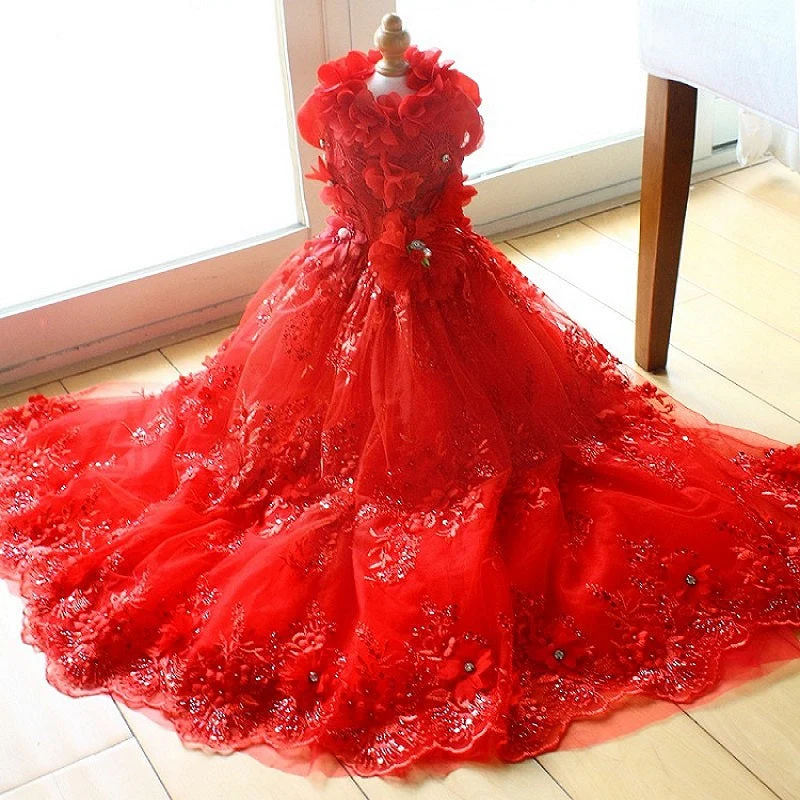 Handmade Luxury Pet Gown Red Lace Princess Dog Dress Weddings Special Occasions Photo Shoots Holiday Birthday - Image 3