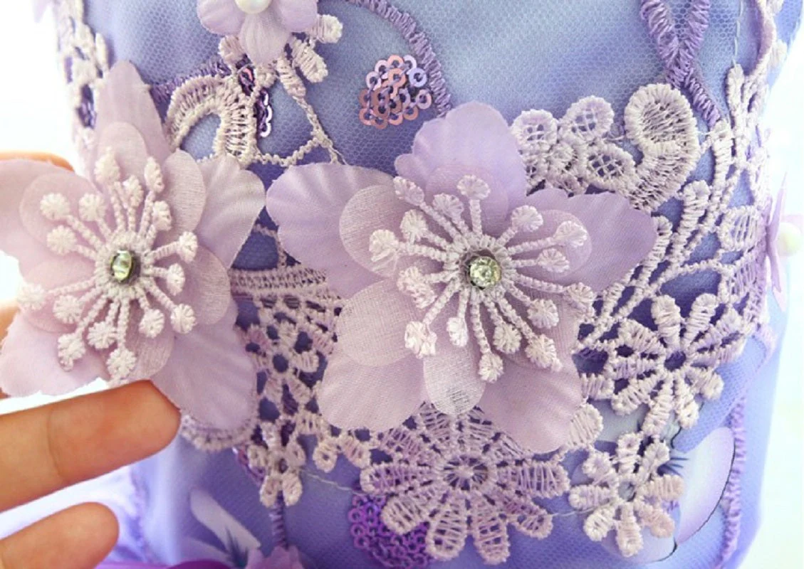 Handmade Luxury Pet Trailing Dress Dogs Cats Floral Embroidered Purple Gown - Image 11
