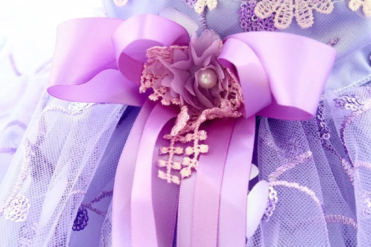Handmade Luxury Pet Trailing Dress Dogs Cats Floral Embroidered Purple Gown - Image 12